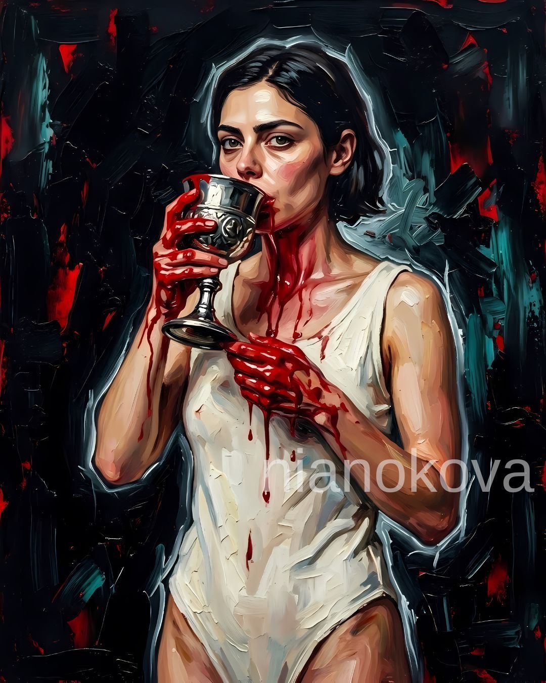 An oil painting-style portrait of the persona NOA, part of the narratives created by Nia Nokova, showcasing machine-created art. The image depicts a woman with short dark hair and a weary gaze, wearing a white sleeveless bodysuit. She drinks from an ornate silver chalice, with thick red liquid staining her hands and dripping down her chin and neck onto her garment. The piece uses bold, impasto brushstrokes against a dark, abstract background with splashes of red and teal, all tied together by a signature luminous white outline around her figure.