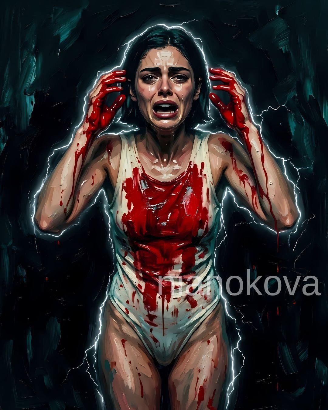 An oil painting-style image of the persona NOA from the narratives by Nia Nokova, featuring machine-created art. The powerful scene shows a woman with short dark hair in a white bodysuit, her face contorted in an intense expression of grief or a silent scream. Her hands and the front of her garment are heavily stained with bright red paint, which drips down her arms and torso. The artwork is characterized by thick, expressive brushstrokes and a dark, moody background, with a striking, jagged white glow resembling lightning outlining her silhouette.