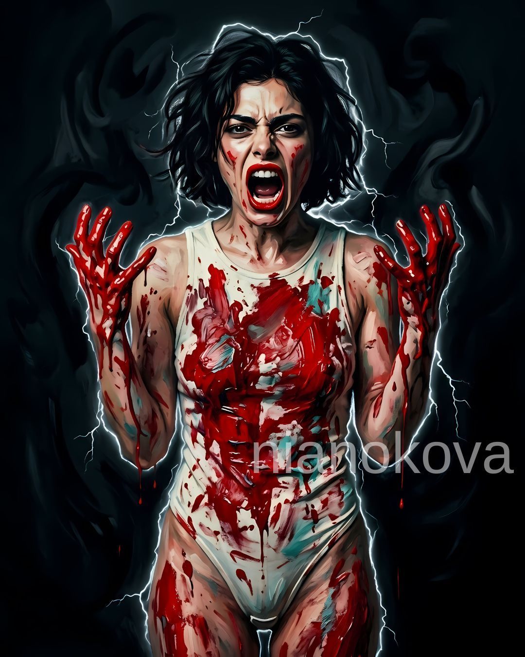 An oil painting-style image of the persona NOA from the narratives by Nia Nokova, featuring machine-created art. This visceral scene depicts a woman with dark, wild hair letting out a primal scream, her face and body splattered with bright red paint. She wears a white bodysuit that is heavily stained, and her blood-red hands are raised in a gesture of intense emotion. The artwork uses bold, textured brushstrokes against a dark background, with a signature crackling white electrical glow outlining her silhouette to emphasize the raw energy of the piece.