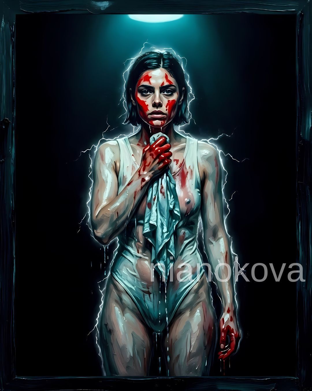 An oil painting-style image of the persona NOA from the narratives by Nia Nokova, featuring machine-created art. In this somber scene, the woman with short dark hair stands under a single overhead light, her face and hands marked with bright red paint. She wears a white bodysuit and holds a teal-colored cloth to her chest, which appears to be dripping with water or paint. The artwork is defined by heavy, expressive brushstrokes and a signature crackling white electrical glow outlining her silhouette against the dark, textured background.
