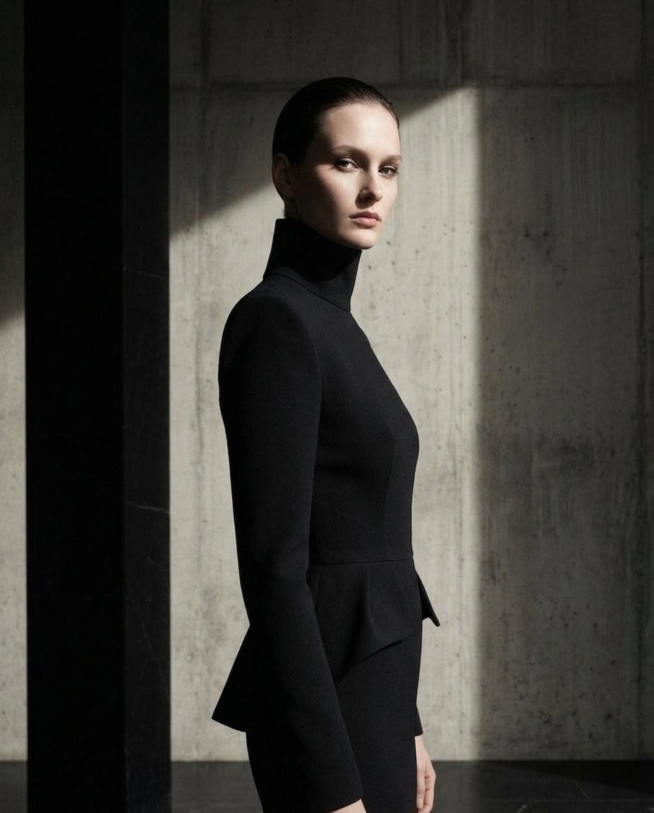From the Sovereign Programs collection by Oriella Verdi.A professional woman embodying the Sovereign archetype, wearing a black designer power suit. The high-fashion editorial portrait features dramatic lighting and shadows, symbolising personal autonomy and authority.