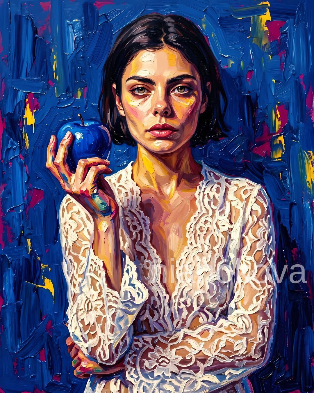 An oil painting-style portrait of the persona NOA from the narratives by Nia Nokova, featuring machine-created art. The image depicts a woman with short dark hair and a direct, piercing gaze, wearing an intricate white lace garment. She holds a vibrant, glossy blue apple in her right hand, which stands out sharply against the deep blue and magenta textured background. The artwork is characterized by bold, thick impasto brushstrokes and dramatic lighting that highlights the warm yellow and pink tones in her skin.