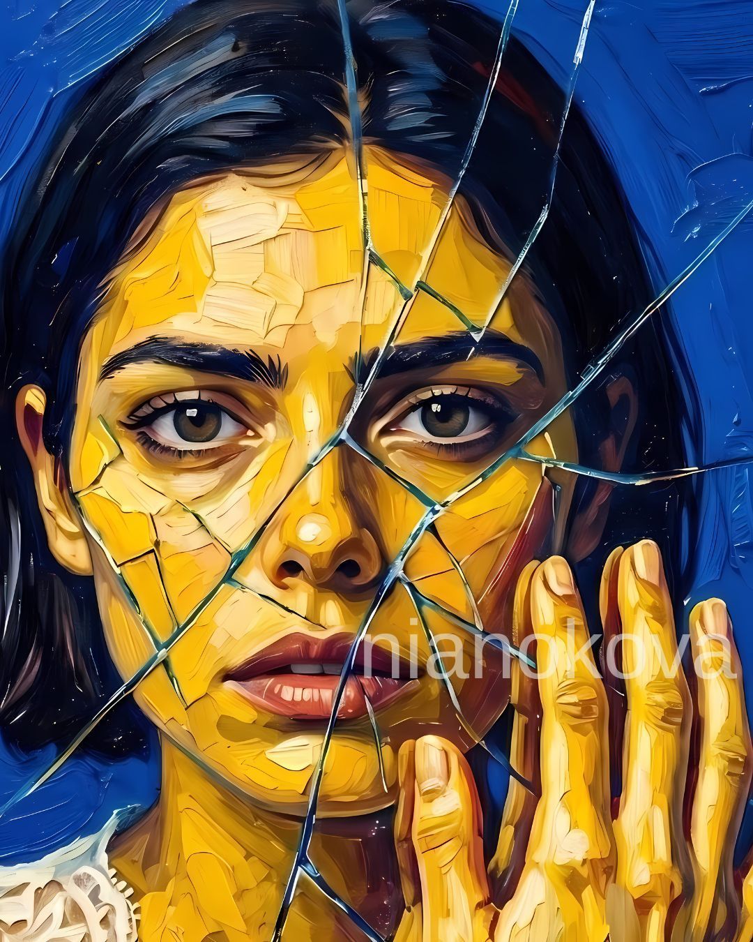 An oil painting-style portrait of the persona NOA from the narratives by Nia Nokova, featuring machine-created art. This striking close-up shows a woman with short dark hair looking directly at the viewer through a pane of shattered glass. Her face, rendered in warm yellow and ochre tones, is fragmented by the sharp, radiating cracks of the mirror or window. One hand is pressed against the surface, its fingers aligning with the fractured lines. The artwork is defined by thick, textured impasto brushstrokes against a solid, vibrant blue background, emphasizing a theme of broken identity.