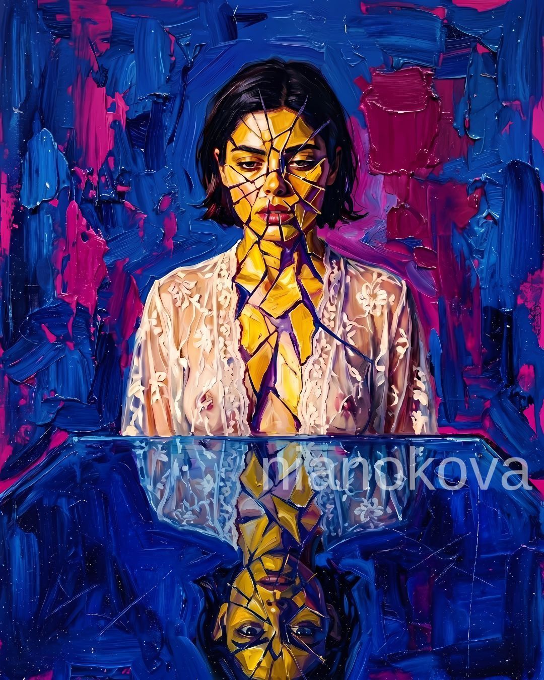 An oil painting-style portrait of the persona NOA from the narratives by Nia Nokova, featuring machine-created art. This evocative image depicts a woman with short dark hair and a downward gaze, her face and chest appearing to be made of shattered, golden-yellow shards. She wears a delicate, translucent white lace garment and stands behind a reflective blue surface that shows a clear, fractured reflection of her form. The artwork is characterized by bold, textured impasto brushstrokes in a vibrant palette of deep blue, magenta, and gold, reinforcing the theme of a fragmented or broken identity.