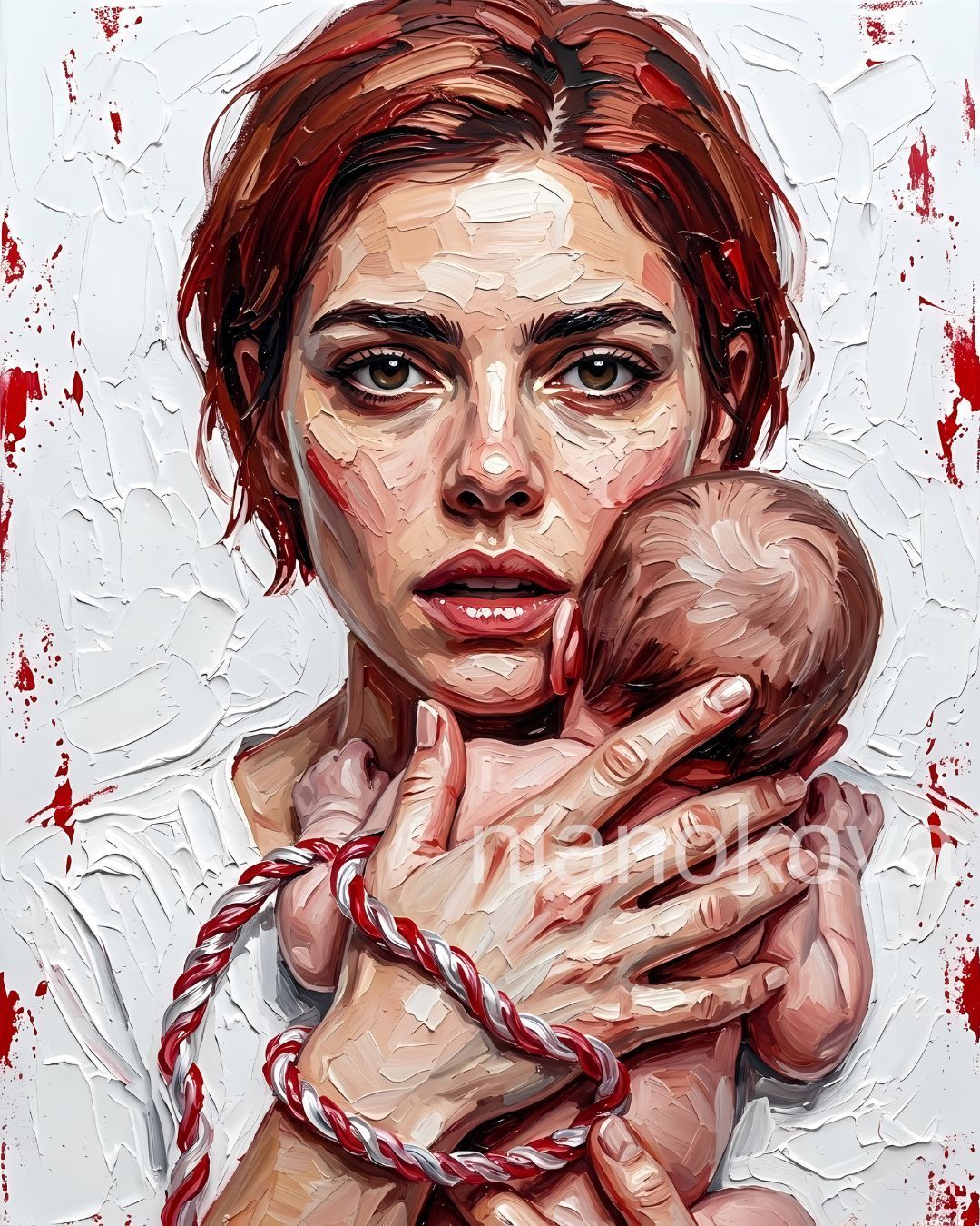 An oil painting-style portrait of the persona NOA from the narratives by Nia Nokova, featuring machine-created art. The textured, thick impasto brushstrokes depict a woman with short, reddish-brown hair and an intense gaze, cradling a newborn baby against her chest. A twisted red and white cord loops around her wrist and the infant. The background is a heavily textured white canvas with stark splatters of red paint along the left and right edges. A faint watermark text 