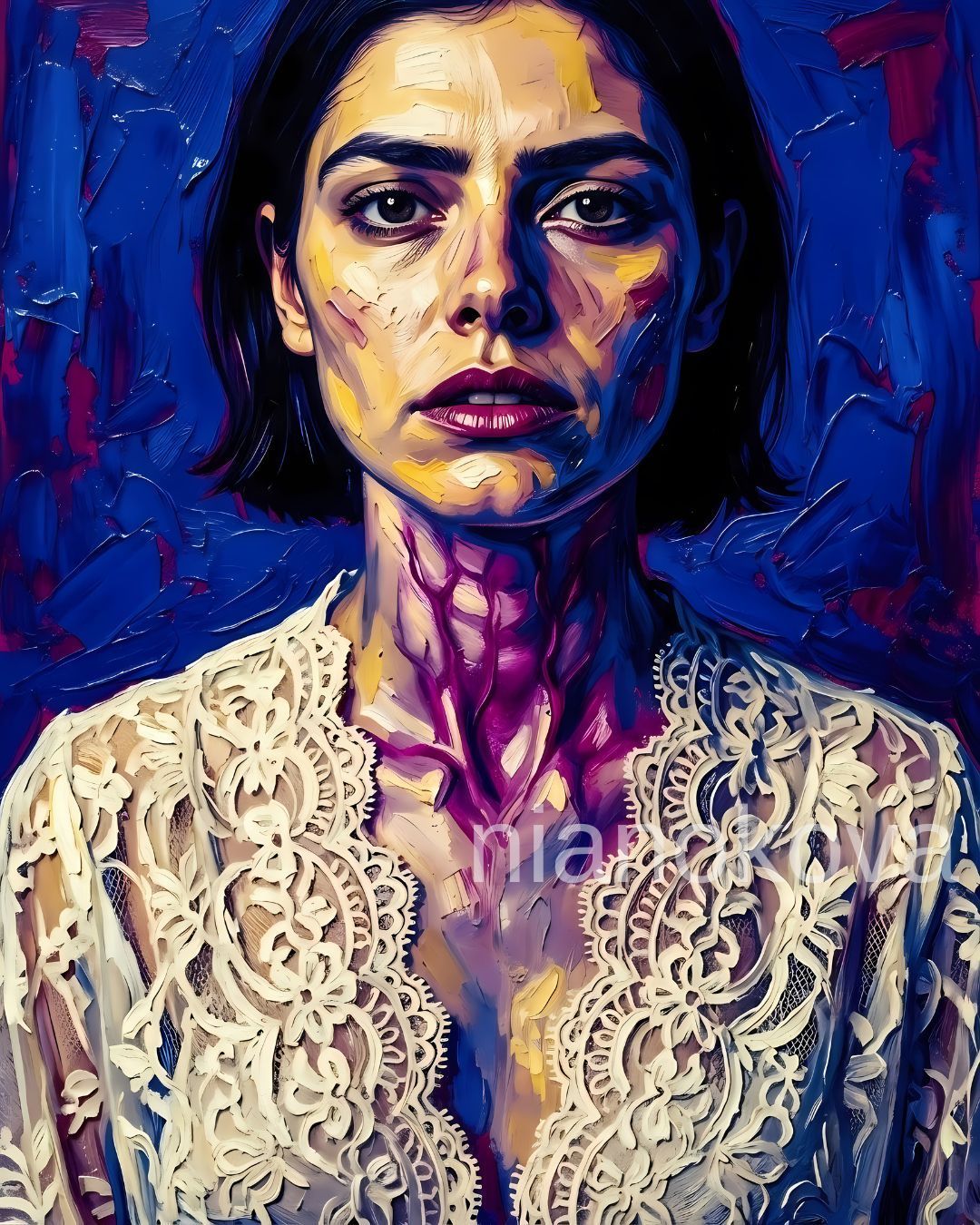 An oil painting-style portrait of the persona NOA from the narratives by Nia Nokova, featuring machine-created art. This close-up depicts a woman with short dark hair and a direct, somber expression, wearing an intricate white lace garment. Her neck and upper chest are marked with thick, vein-like brushstrokes in vibrant shades of magenta and purple, suggesting an internal or biological transformation. The artwork is defined by heavy, textured impasto brushstrokes against a deep blue background, with warm yellow and lavender highlights illuminating her face.