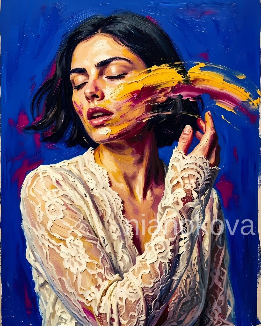 An oil painting-style portrait of the persona NOA from the narratives by Nia Nokova, featuring machine-created art. This expressive image shows a woman with short dark hair and closed eyes, wearing an intricate white lace garment. A thick, horizontal sweep of vibrant yellow and magenta paint across her face creates a sense of motion or erasure. The artwork is characterized by bold, textured impasto brushstrokes and a deep blue background, capturing a moment of intense, sensory emotion.