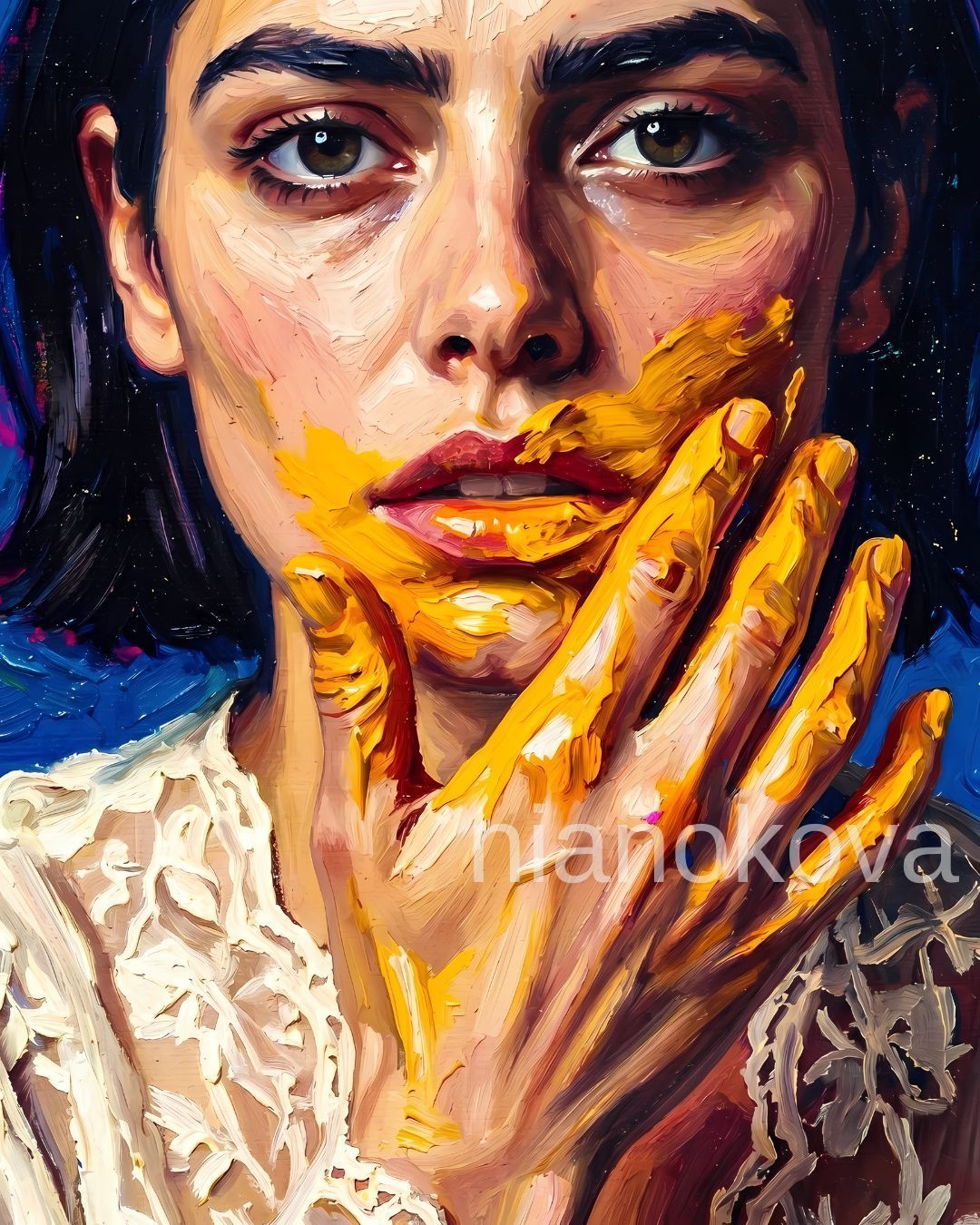 An oil painting-style close-up portrait of the persona NOA from the narratives by Nia Nokova, featuring machine-created art. This intimate image shows the woman with short dark hair and an intense, direct gaze, her hand and mouth smeared with thick, vibrant yellow paint. She wears an intricate white lace garment that contrasts with the messy, tactile nature of the paint. The artwork is defined by heavy, textured impasto brushstrokes and a deep blue background, highlighting the raw, sensory experience of the character.