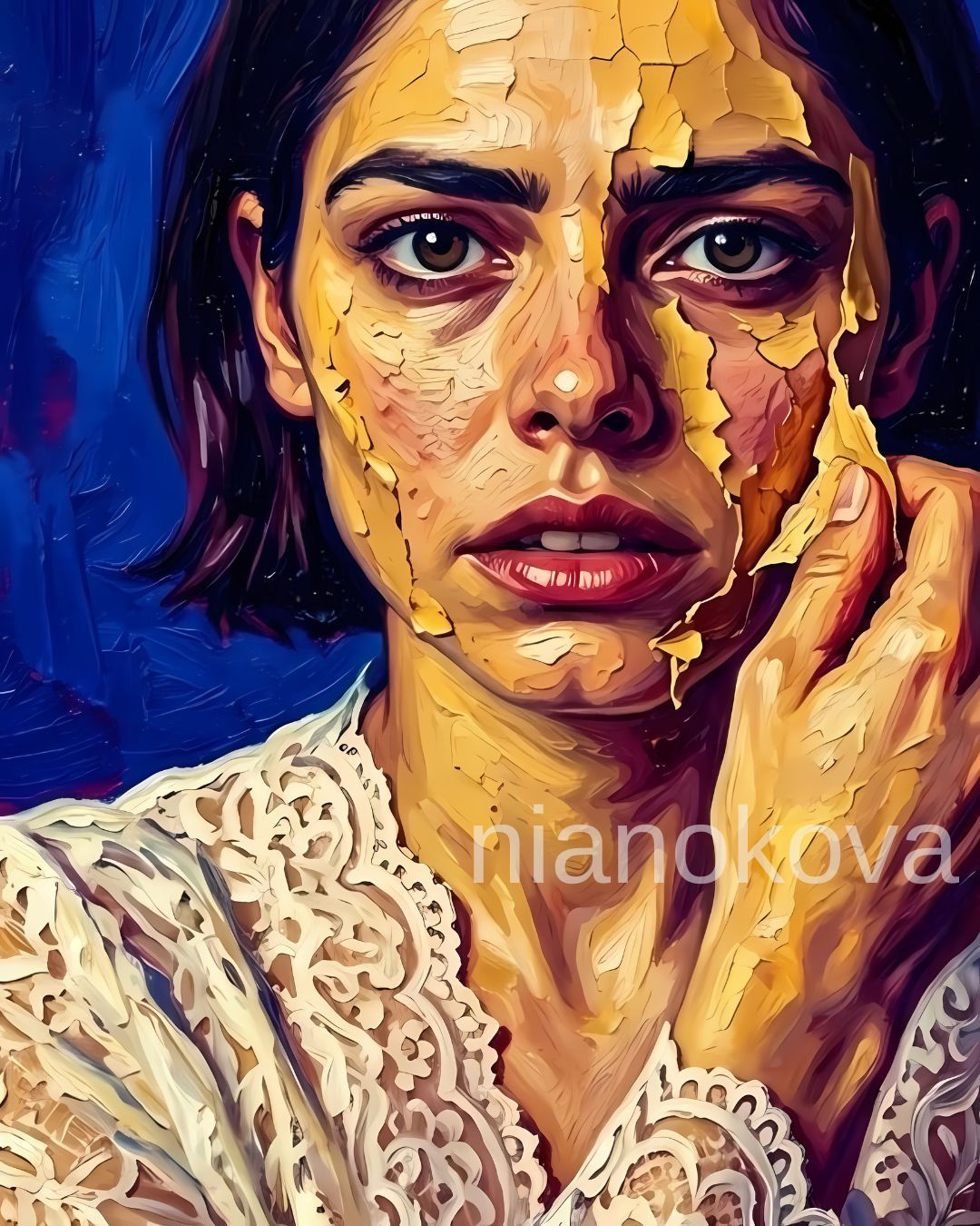 An oil painting-style portrait of the persona NOA from the narratives by Nia Nokova, featuring machine-created art. This poignant close-up shows the woman with short dark hair and wide, expressive eyes, her face covered in a layer of thick, yellow paint that is visibly cracking and peeling away. She uses her hand to gently pull a large flake of paint from her cheek, revealing the skin beneath. The artwork is defined by heavy, textured impasto brushstrokes and a vibrant blue background, highlighting themes of vulnerability and the uncovering of identity.