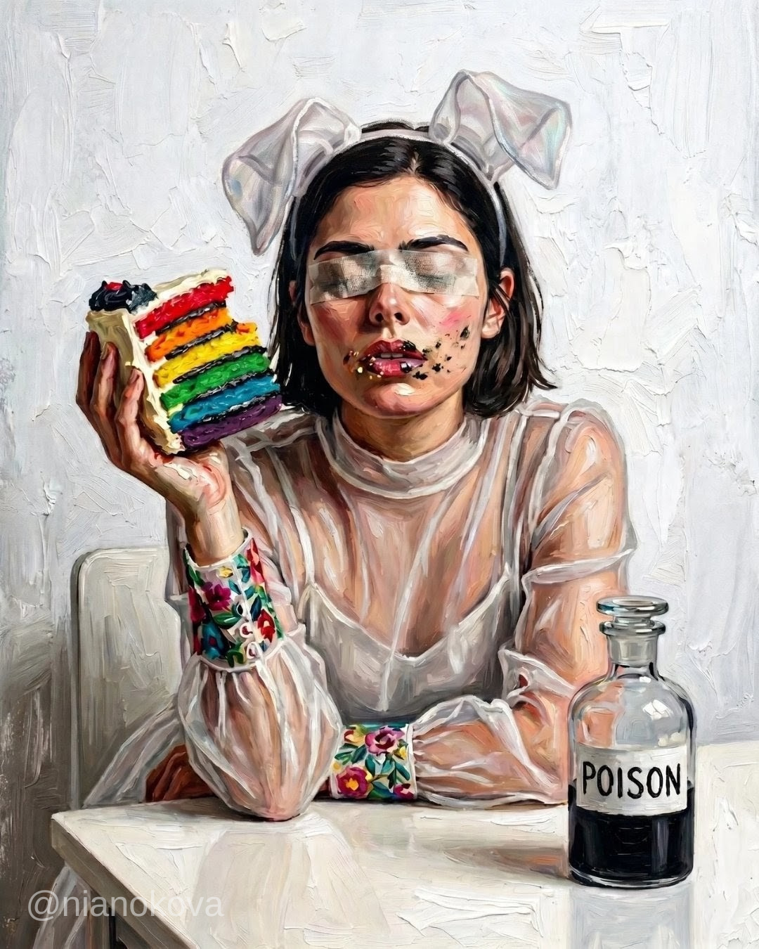 An oil painting-style image of the character NOA from the narratives by Nia Nokova, featuring machine-created art. The scene depicts a blindfolded woman with short dark hair wearing white rabbit ears and a sheer white dress with floral cuffs. She holds a large slice of rainbow-layered cake with a bite taken out, her face smeared with cake crumbs and dark residue. On the table before her sits a glass apothecary bottle labeled