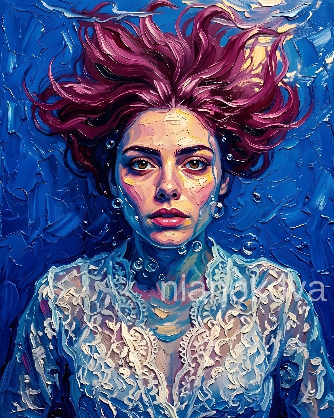 An oil painting-style portrait of the persona NOA from the narratives of Nia Nokova, featuring machine-created art. In this ethereal scene, the woman appears submerged underwater, her vibrant magenta hair fanning out around her head like a crown. She wears an intricate white lace garment, and small, translucent bubbles float around her face and neck. The artwork is characterized by bold, textured impasto brushstrokes and a deep blue, swirling background that enhances the sense of being underwater.