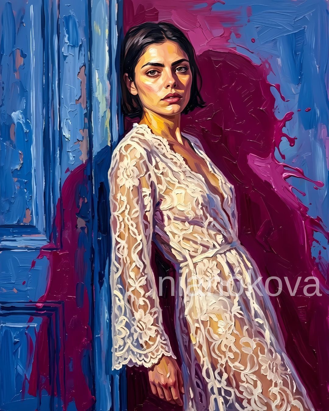 An oil painting-style portrait of the persona NOA from the narratives by Nia Nokova, featuring machine-created art. The image shows a woman with short dark hair wearing a floor-length white lace robe, leaning against a weathered blue doorframe. Her dark, expressive shadow is cast against a vibrant magenta wall, which features bold splashes of paint that resemble a crown or a burst of energy behind her head. The artwork is characterized by thick, textured impasto brushstrokes and high-contrast lighting that emphasizes the rich blue, purple, and gold tones.