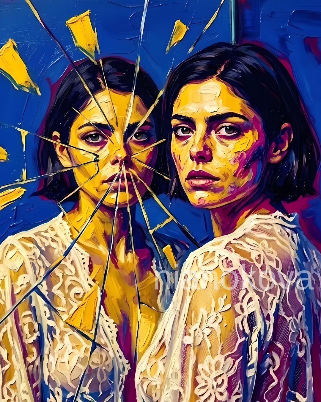An oil painting-style image from the narratives by Nia Nokova, featuring the persona NOA through machine-created art. This striking composition shows two versions of the same woman with short dark hair and a weary expression, both wearing delicate white lace garments. One figure is seen through a pane of shattered glass, her face and body fragmented by radiating cracks and yellow shards, while the other stands beside it, looking directly at the viewer. The artwork is defined by heavy, textured impasto brushstrokes and a vibrant, high-contrast palette of deep blue, magenta, and gold, emphasizing themes of duality and fractured self-perception.