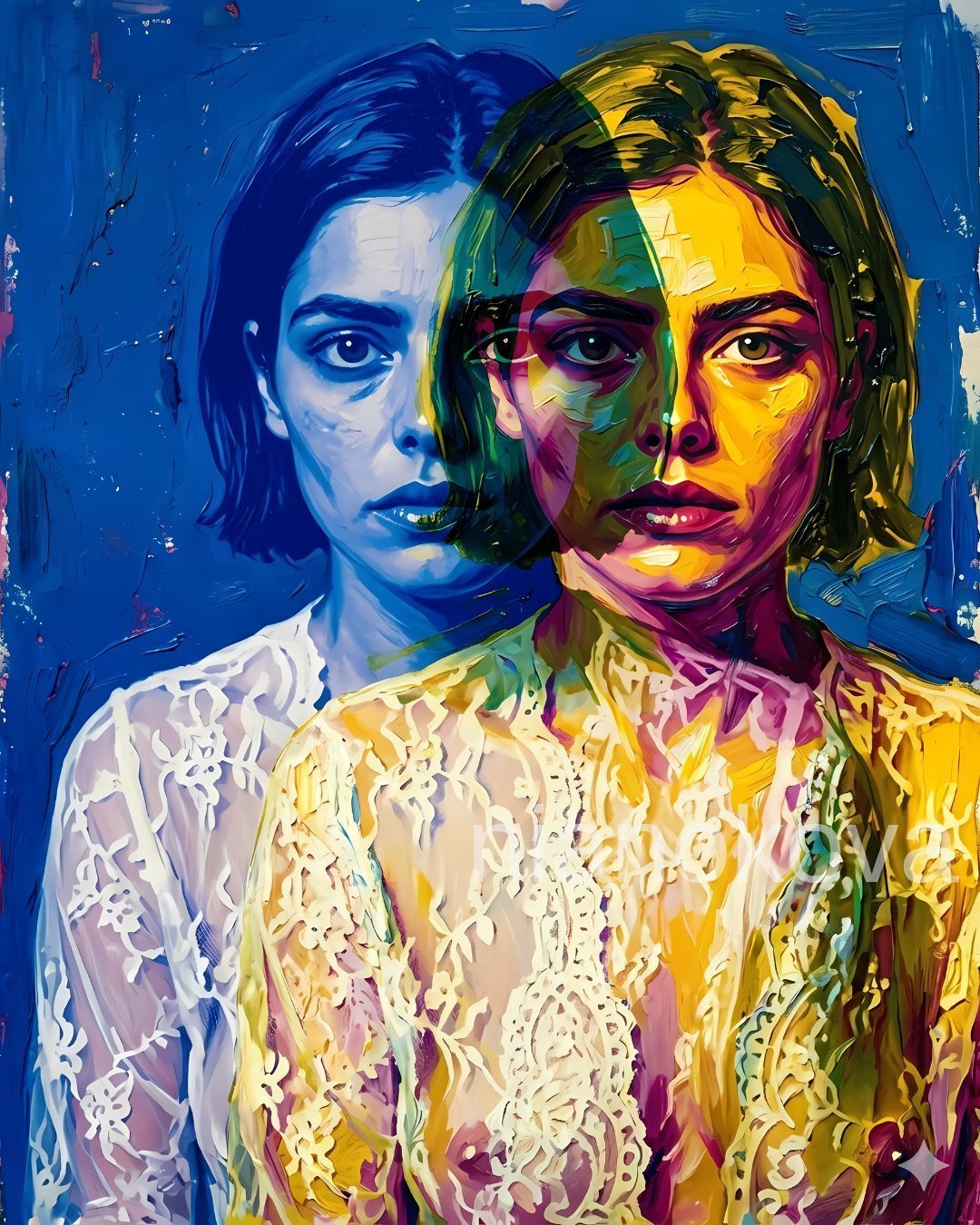 An oil painting-style portrait of the persona NOA from the narratives by Nia Nokova, featuring machine-created art. This evocative image explores themes of duality and fractured self-perception through a double-exposure effect, showing two overlapping versions of a woman with short dark hair and a somber expression. One figure is rendered in cool, monochromatic blue tones, while the overlapping figure is vibrant with warm yellow, pink, and magenta highlights. Both wear matching white lace garments, tied together by thick, textured impasto brushstrokes against a solid blue background.