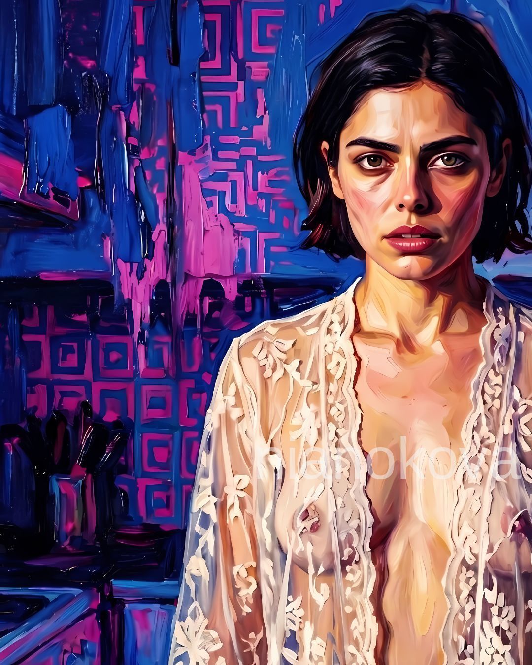 An oil painting-style portrait of the persona NOA from the narratives by Nia Nokova, featuring machine-created art. The image depicts a woman with short dark hair and a weary, haunted expression, standing in a kitchen at night. She wears an open, floor-length white lace robe that reveals her form, set against a background of dark blue and magenta tiles. The artwork is characterized by bold, textured impasto brushstrokes and dramatic lighting that creates deep shadows and highlights her skin in warm, golden tones.