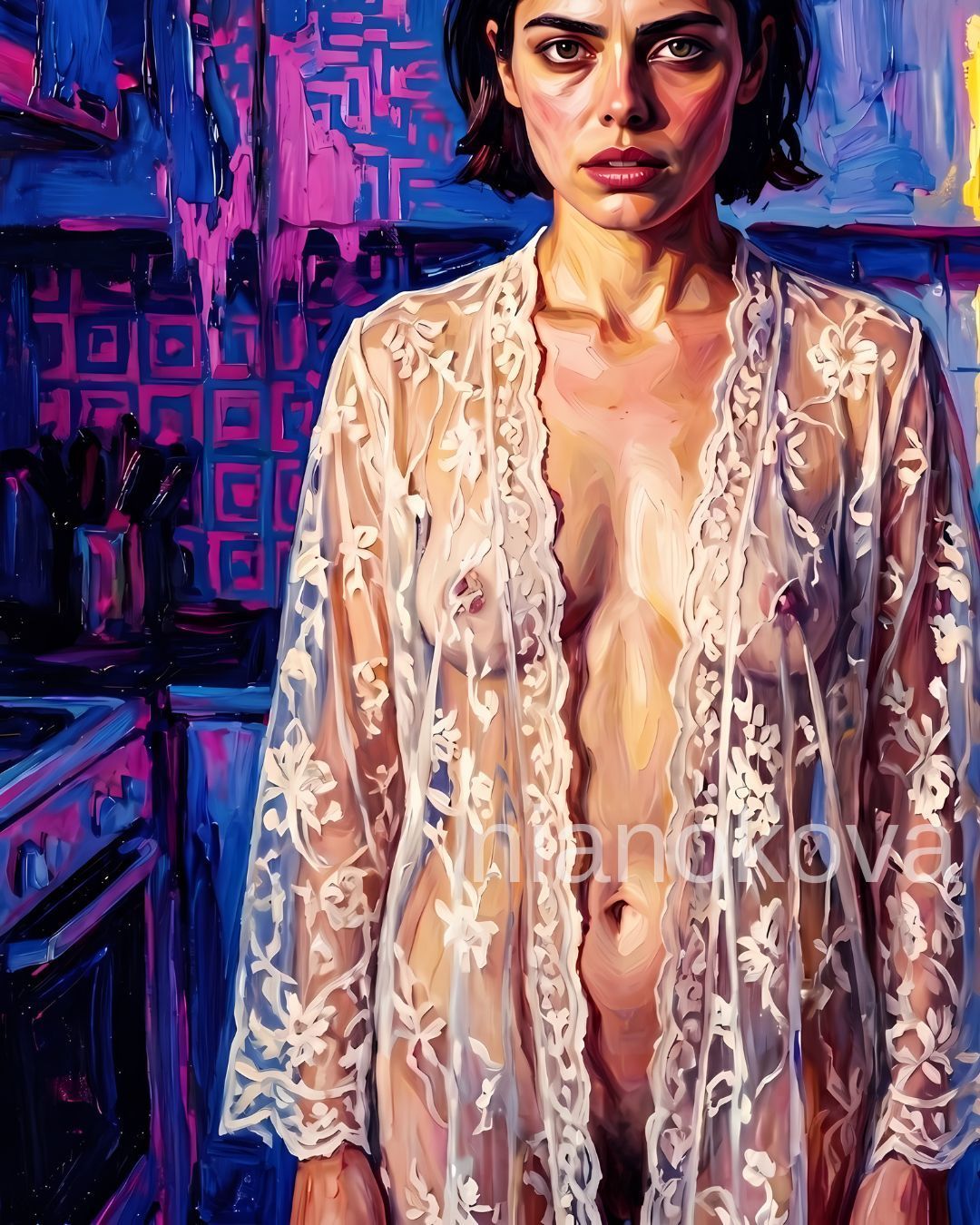 An oil painting-style portrait of the persona NOA from the narratives by Nia Nokova, featuring machine-created art. The image depicts a woman with short dark hair and a weary, haunted expression, standing in a kitchen at night. She wears an open, floor-length white lace robe that reveals her form, set against a background of dark blue and magenta tiles. The artwork is characterized by bold, textured impasto brushstrokes and dramatic lighting that creates deep shadows and highlights her skin in warm, golden tones.