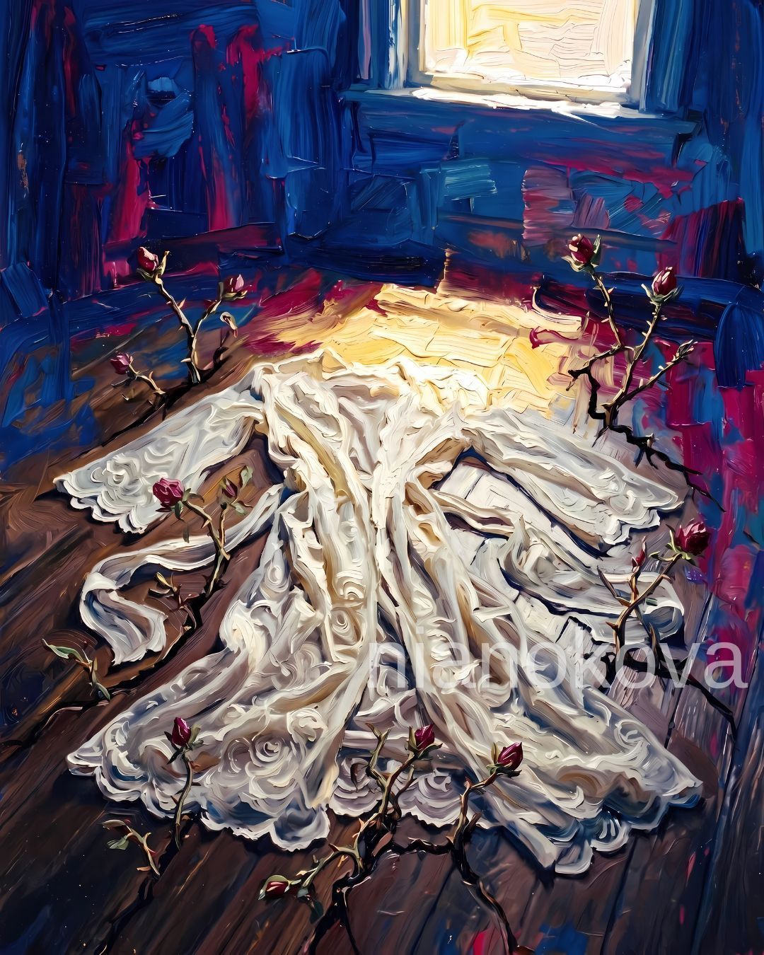 An oil painting-style image from the narratives of NOA, created by Nia Nokova, featuring machine-created art. This evocative scene shows a floor-length white lace robe discarded on a dark wooden floor, illuminated by a bright shaft of light from a window. Thorns and dark red rosebuds sprout from the floorboards, surrounding and intertwining with the delicate fabric. The artwork is characterized by thick, textured impasto brushstrokes and a deep blue and magenta color palette, creating a sense of absence and symbolic growth.