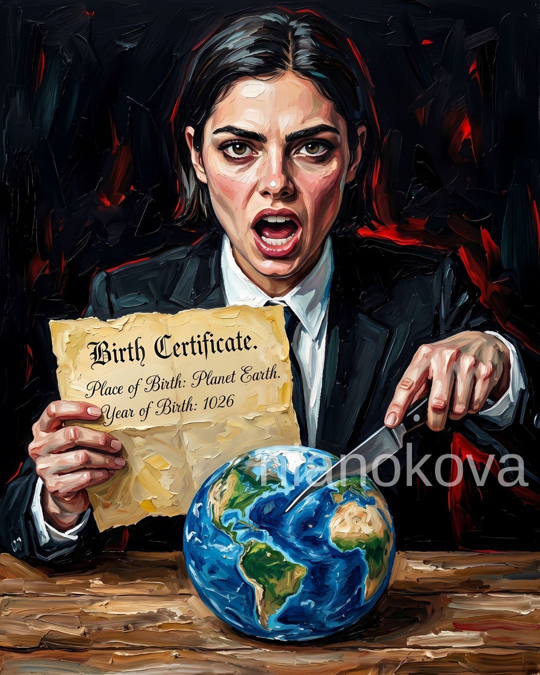 An oil painting-style portrait of the persona NOA from the narratives by Nia Nokova, featuring machine-created art. The image depicts a woman with short dark hair, expressive dark eyes, and an open mouth as if shouting or speaking intensely. She is wearing a black suit jacket, white collared shirt, and black tie. In her right hand, she holds an aged, yellowed paper document that reads 