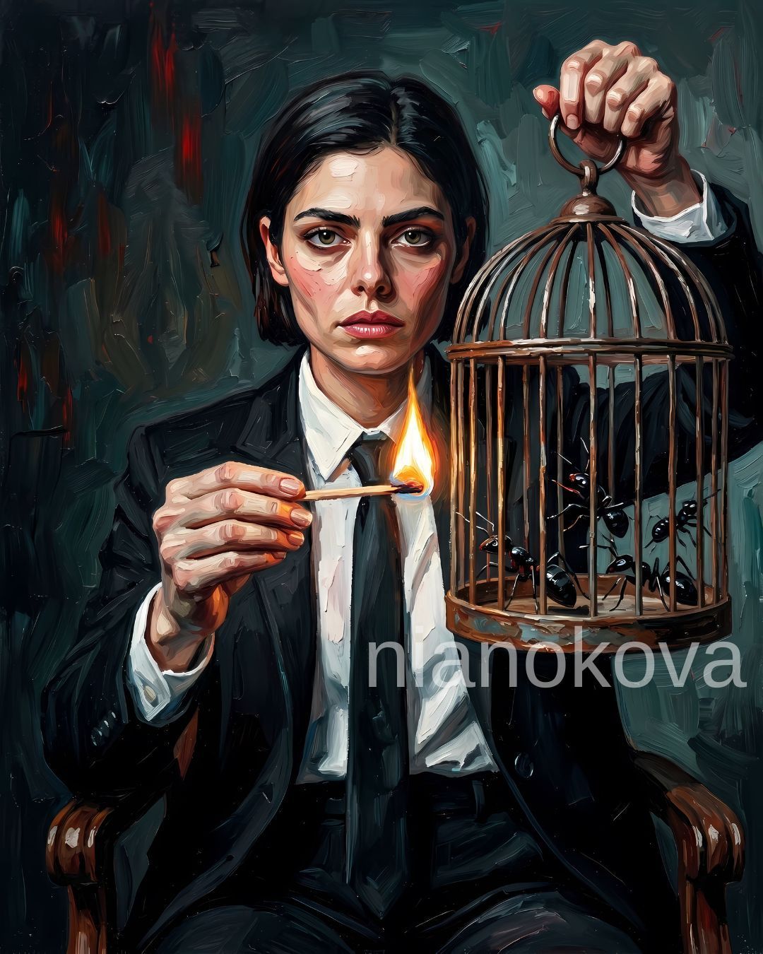 An oil painting-style portrait of the persona NOA from the narratives by Nia Nokova, featuring machine-created art. The image depicts a woman with short dark hair and a serious expression, sitting in a wooden chair. She wears a black suit jacket, white collared shirt, and black tie. In her right hand, she holds a lit wooden match with a bright orange flame. With her left hand, she holds up a small, rusted metal birdcage containing several large black ants. The background consists of dark, textured brushstrokes in shades of grey, green, and deep red.