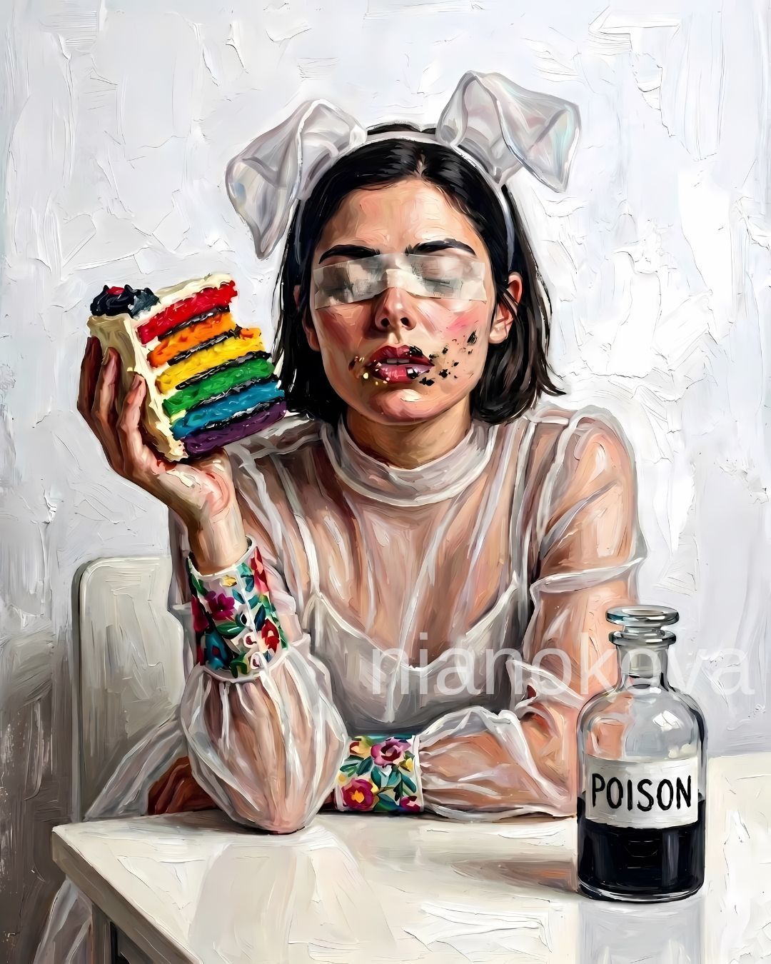 An oil painting-style image of the persona NOA from the narratives by Nia Nokova, featuring machine-created art. The scene depicts a blindfolded woman with short dark hair wearing white rabbit ears and a sheer white dress with floral cuffs. She holds a large slice of rainbow-layered cake with a bite taken out, her face smeared with cake crumbs and dark residue. On the table before her sits a glass apothecary bottle labeled 