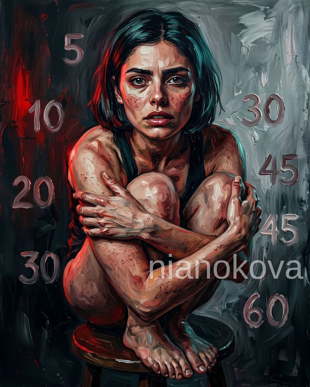 An oil painting-style portrait of the persona  NOA from the narratives by Nia Nokova, featuring machine-created art. This evocative image shows a woman with short dark hair sitting in a huddled, defensive crouch on a small wooden stool. Her skin is textured with thick paint, and she has an expression of profound vulnerability and distress. The background is a dark, moody grey and red, marked with large, haunting numbers like 