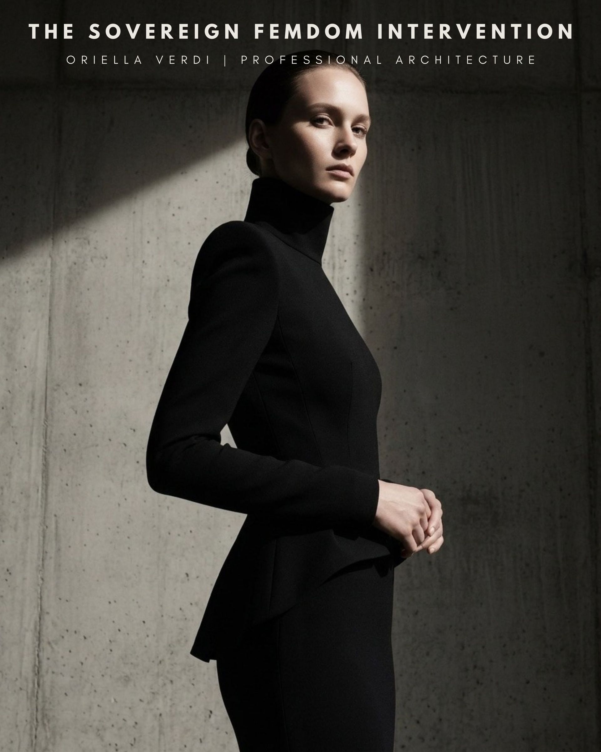 An elegant fashion advertisement from the Sovereign Programs collection by Oriella Verdi. A woman with slicked-back hair stands in profile against a textured, dark grey concrete wall, illuminated by a sharp beam of sunlight. She wears a structured, high-neck black peplum jacket with long sleeves and a matching skirt. In the top left corner, bold white serif text reads 