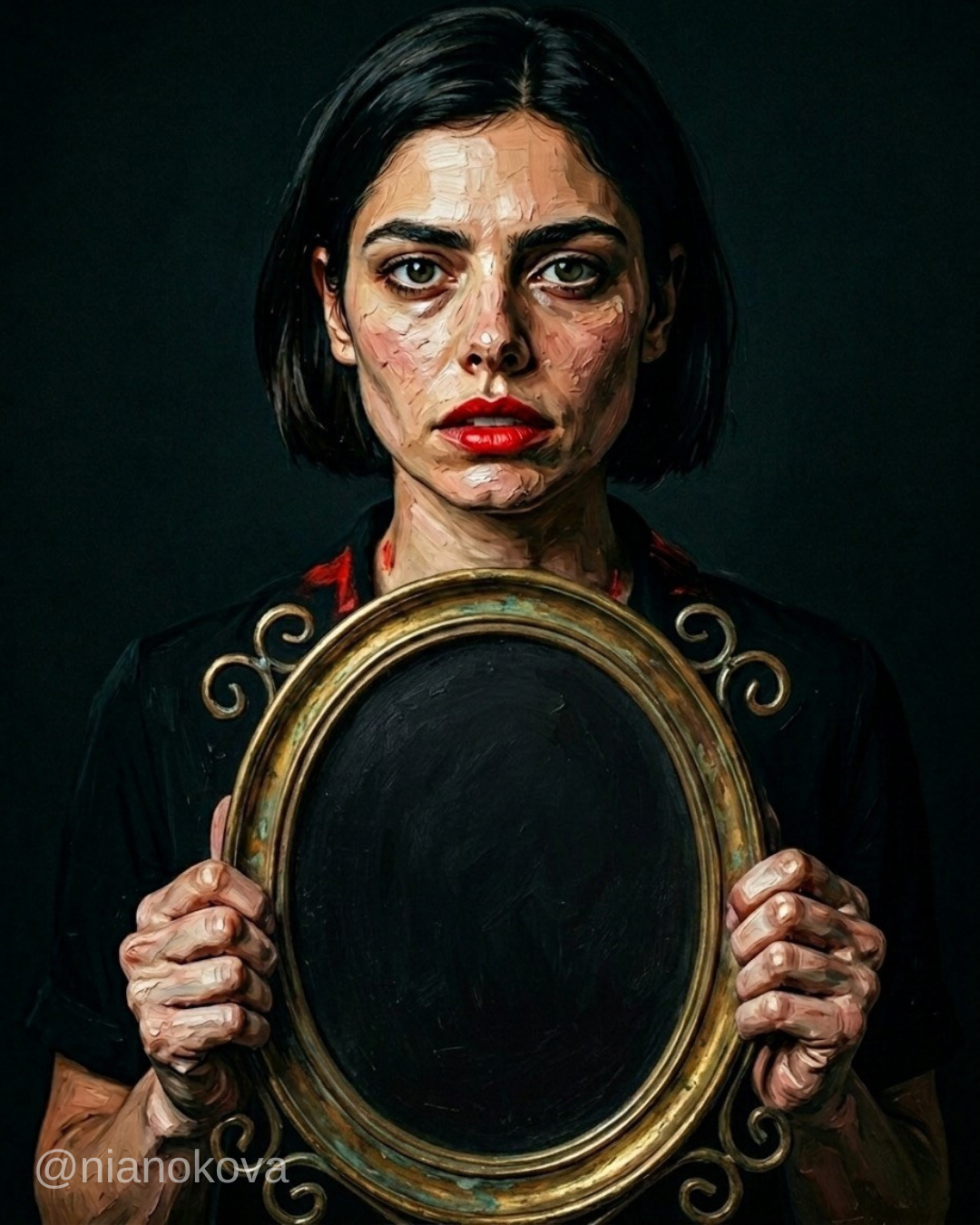 An oil painting-style portrait of the persona NOA from the narratives of Nia Nokova, featuring machine-created art. The image depicts a woman with short dark hair and a weary, hollow expression, holding an ornate, oval-shaped mirror that reflects only a deep, solid black. She is dressed in a dark garment, and her face and hands show the signature thick, textured impasto brushstrokes of the series. The entire scene is set against a stark, black background, creating a powerful sense of emptiness and self-reflection.