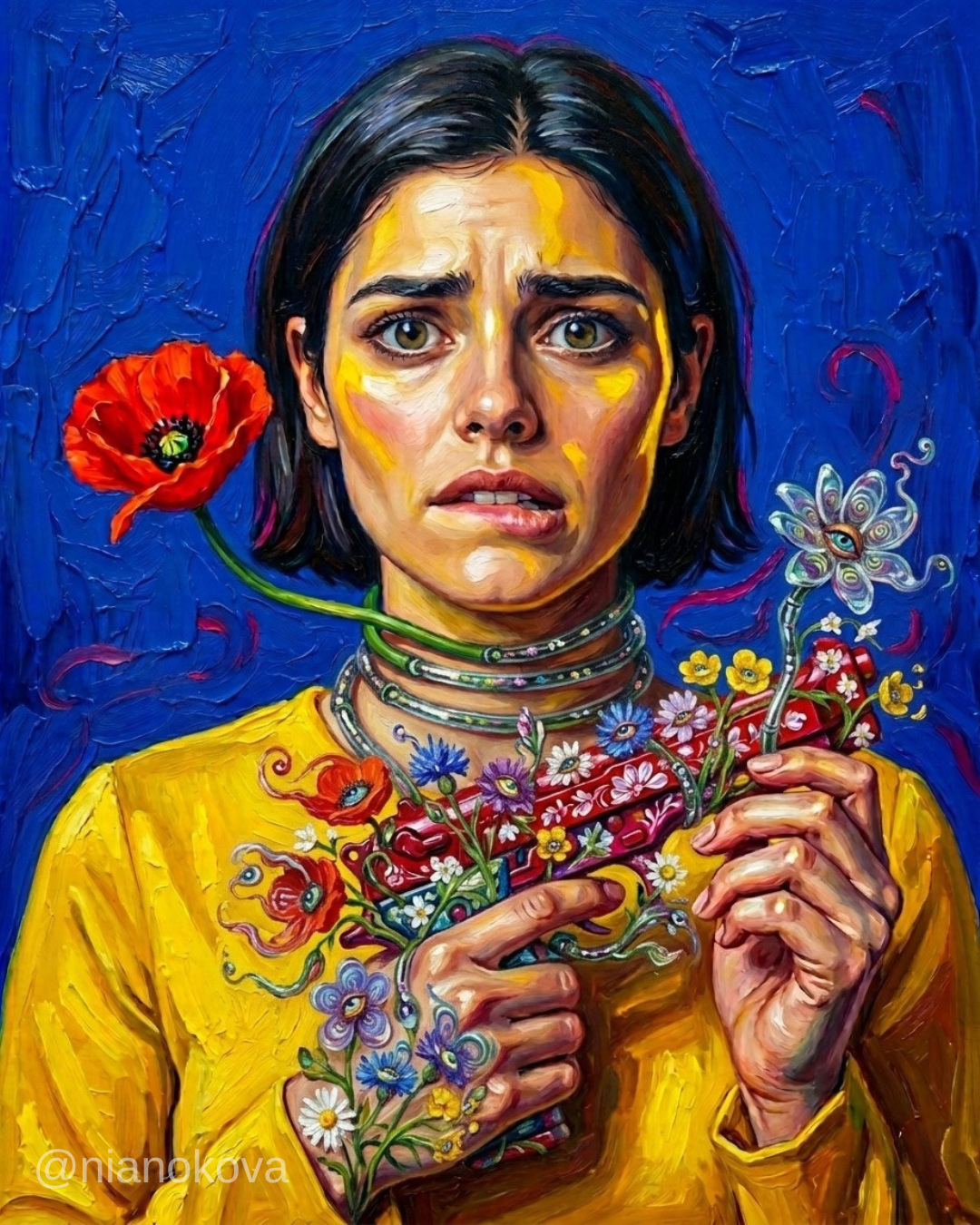 An oil painting-style portrait of the persona NOA from the narratives by Nia Nokova, featuring machine-created art. This complex scene shows a woman with short dark hair and a distressed expression, biting her lip. She holds a red handgun that is overgrown with colorful, whimsical flowers and surreal eyes. A long green stem with a bright red poppy flower is coiled around her neck like a choker. The artwork is characterized by bold, textured impasto brushstrokes and a vibrant, high-contrast color palette of bright yellow and deep blue.