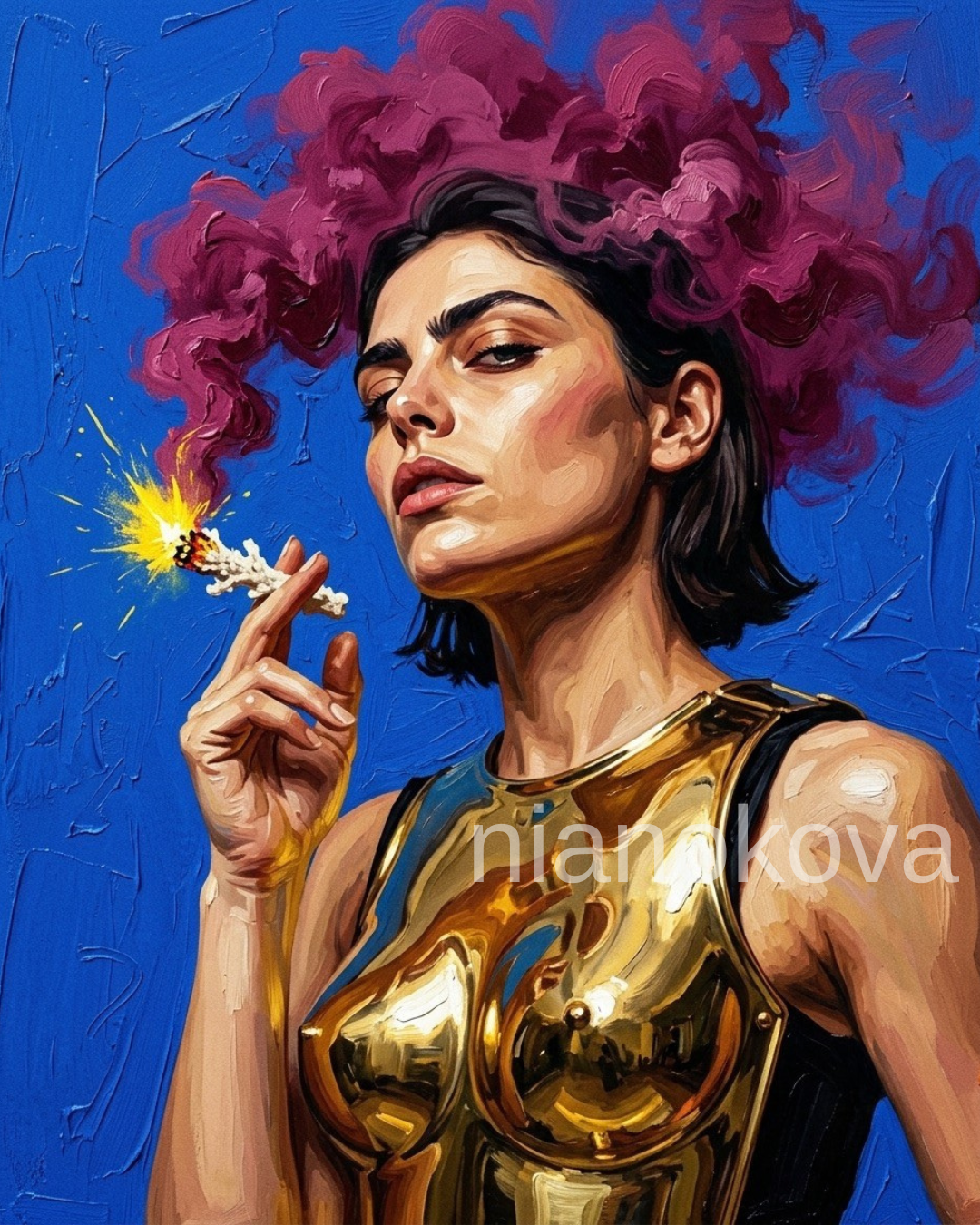 An oil painting-style close-up of the persona NOA from the narratives by Nia Nokova, featuring machine-created art. The portrait captures a powerful low-angle 3/4 view of NOA with her chin tilted upward in a majestic gesture of absolute defiance. She looks downward with a piercing, provocative gaze. She wears a striking, highly reflective, anatomically sculpted polished gold metal breastplate styled after surrealist couture, layered over a minimalist black garment. She stands against a solid, vibrant Cobalt Blue background characterized by dense, highly tactile impasto palette knife textures. Between her fingers, she holds a rough, jagged fragment of white sea coral like a cigarette, emitting a vivid Sun-drenched Yellow chemical spark and a heavy, billowing cloud of Deep Magenta smoke that expands dramatically behind her head like a surreal crown.