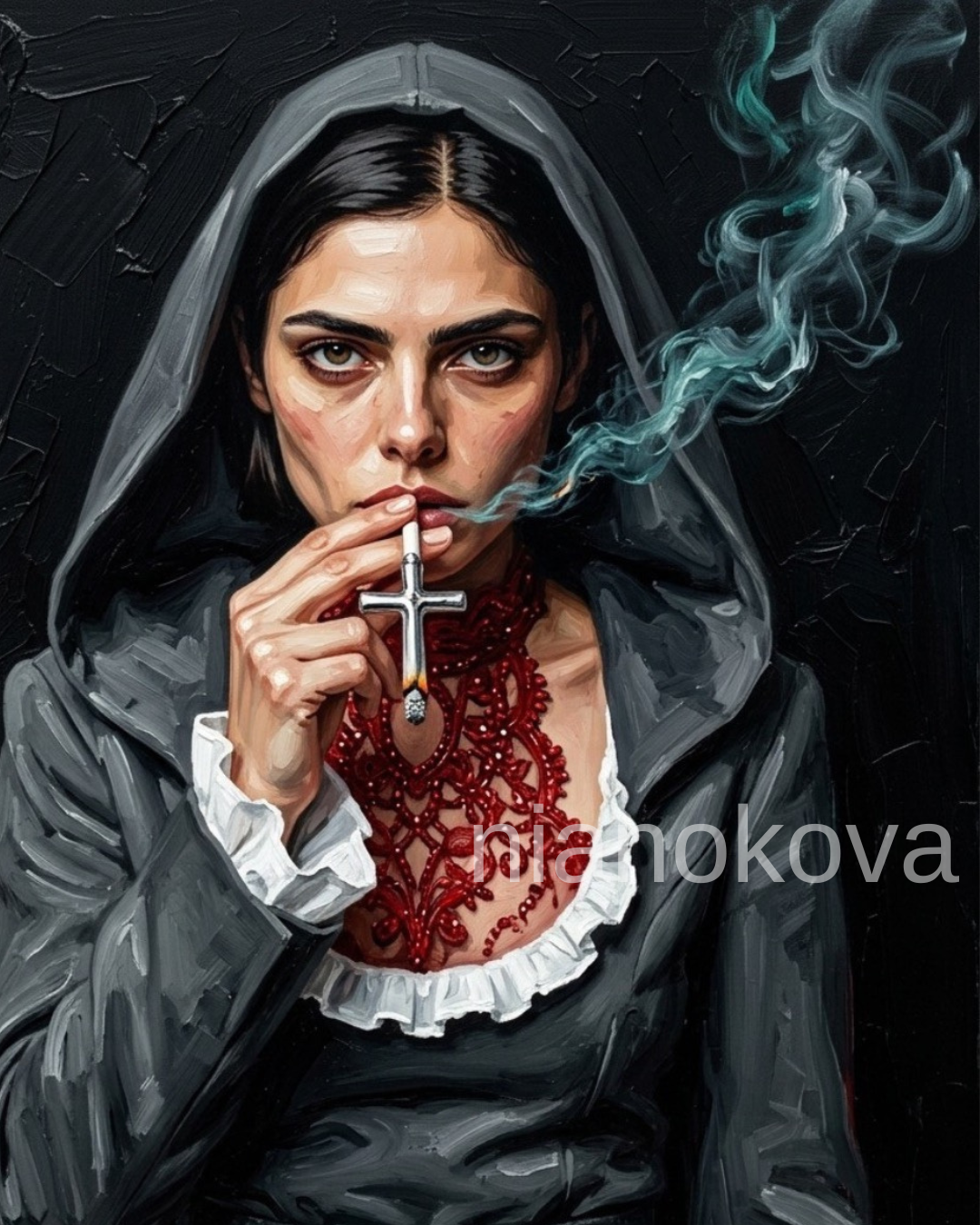 An oil painting-style portrait of the persona NOA from the narratives by Nia Nokova, featuring machine-created art. The portrait shows NOA in a powerful, direct composition, staring forward with a piercing and defiant gaze. She wears an avant-garde monastic outfit inspired by Dilara Findikoglu, featuring a fitted dark gray hooded dust jacket with the hood pulled over her head, a wide scooped neckline lined with crisp white ruffles, and an intricate blood-red beaded lace chest piece layered underneath. Between her fingers, she holds a slender silver metal look-alike cigarette sculpted into a crucifix shape. A paper filter touches her lips, while the bottom tip of the silver crucifix glows with burning orange embers and gray ash, releasing a dense, ghostly trail of Ethereal Teal vapor curling upwards. The artwork features an aggressive expressionist style with visible, thick impasto palette knife brushstrokes on a solid, heavily textured black background.