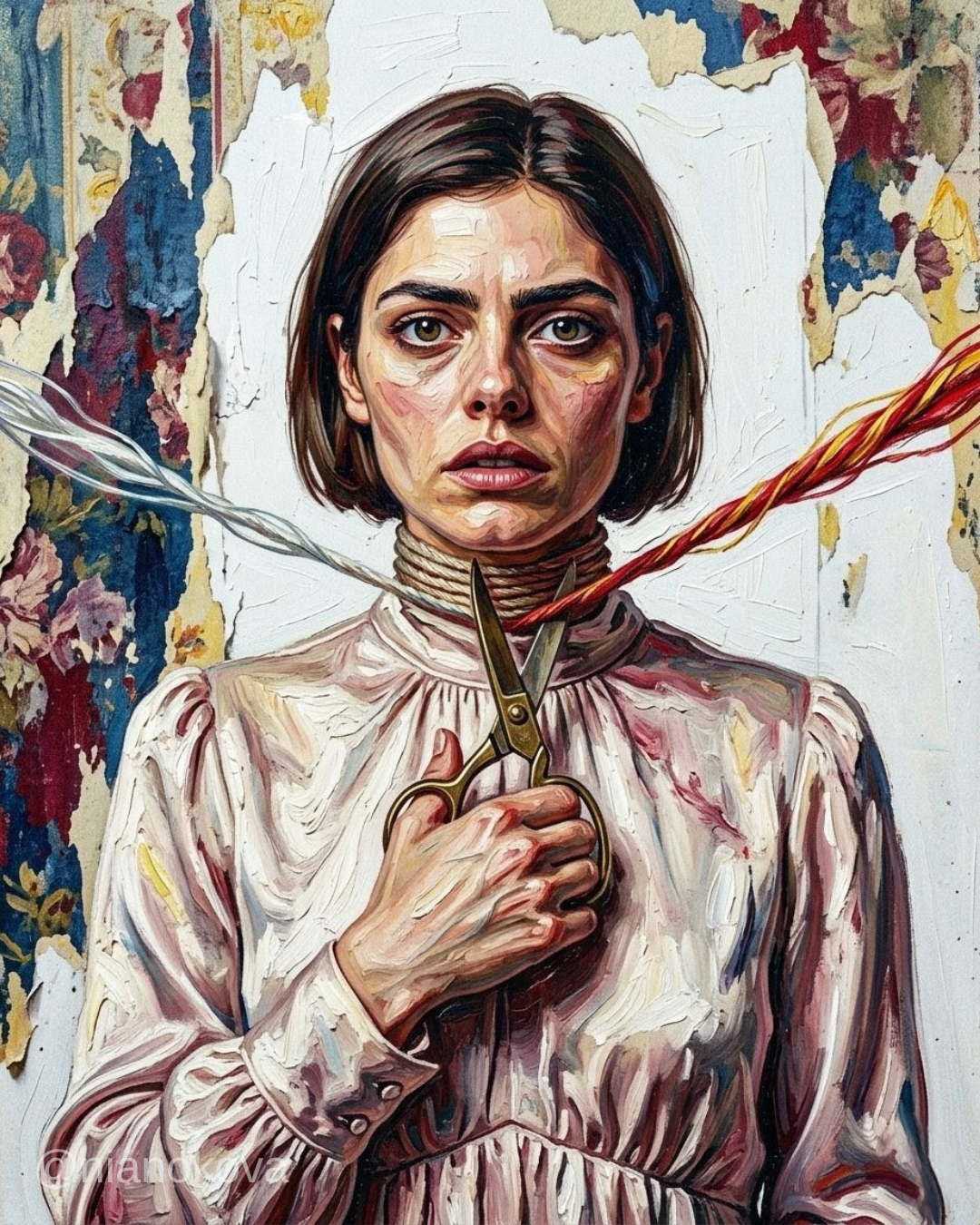 An oil painting-style portrait of the persona NOA from the narratives of Nia Nokova, featuring machine-created art. The image depicts a woman with short dark hair and a weary, haunted expression, wearing a pale pink, high-necked blouse. A thick rope is coiled tightly around her neck, and she holds a pair of large metal scissors, appearing to cut a red and yellow braided cord that extends from her throat. The piece is defined by thick, impasto brushstrokes against a background of white plaster and peeling, floral wallpaper, creating a sense of domestic distress and internal struggle.