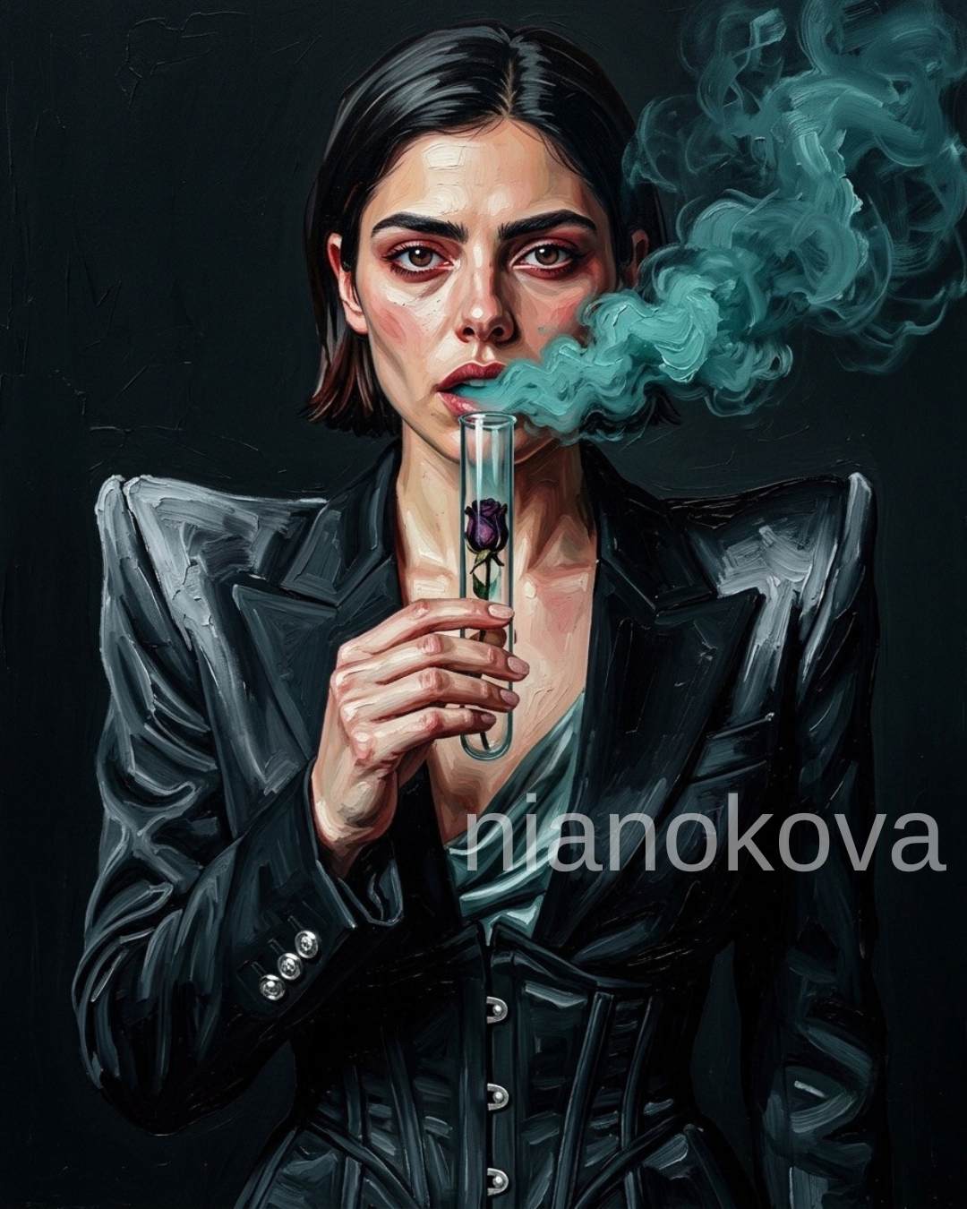 An oil painting-style close-up of the persona NOA from the narratives by Nia Nokova, featuring machine-created art. The portrait shows NOA in a powerful, direct composition with a defiant gaze. She wears a highly structured, avant-garde black blazer with dramatic, upturned pagoda shoulders layered over a tightly cinched historical corset bodice with polished metallic buttons. Set against a solid, textured Deep Onyx background, she holds a sleek, transparent glass laboratory tube containing a dark, tightly compressed rosebud to her lips. Heavy, sculptural Ethereal Teal vapor pours from the top of the tube, curling upwards past her face. The artwork showcases an aggressive, high-contrast expressionist style with visible, thick impasto palette knife brushstrokes and a moody, raw color palette.