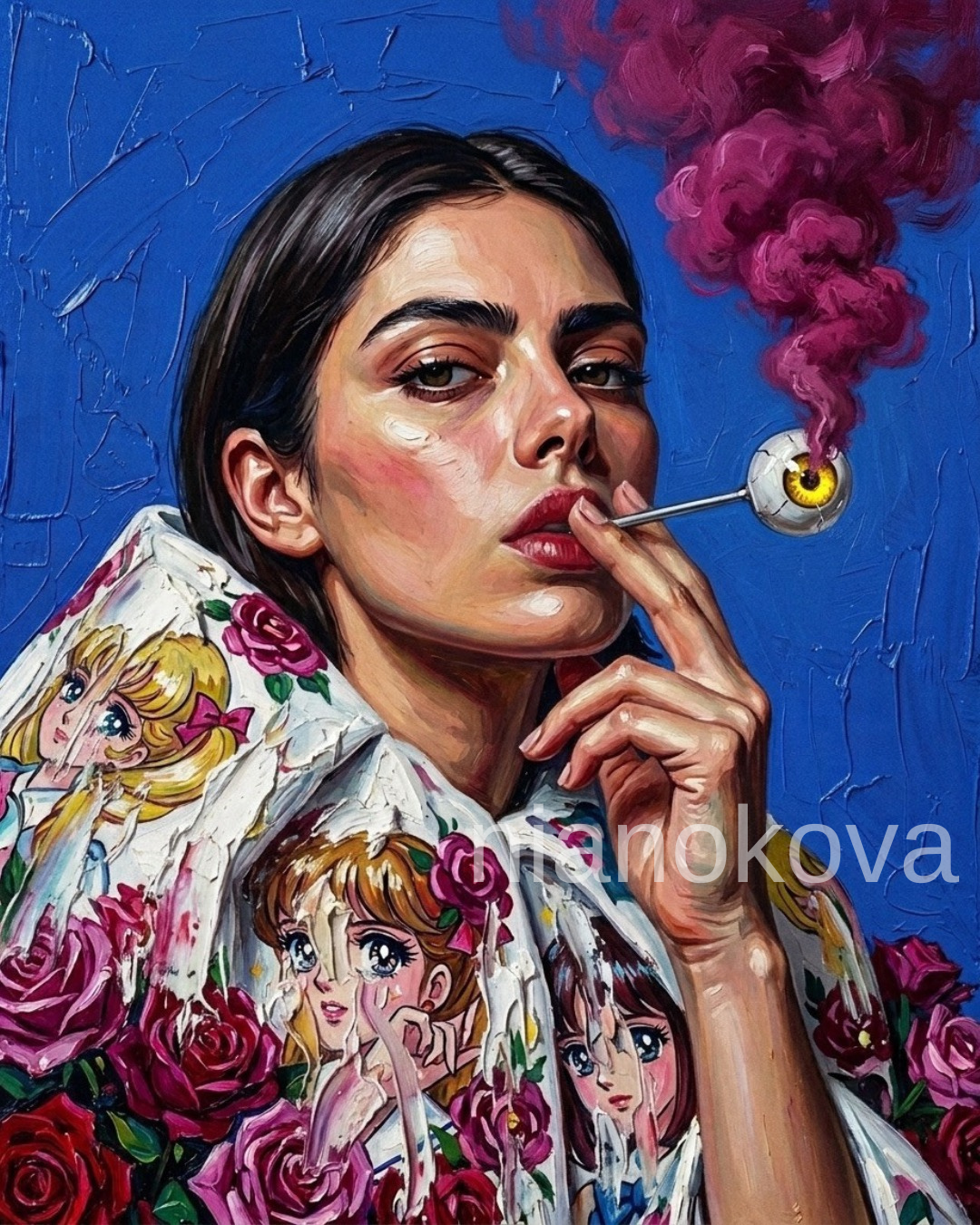 An oil painting-style portrait of the persona NOA from the narratives by Nia Nokova, featuring machine-created art. The portrait shows NOA in a powerful close-up composition, staring down into the lens with an intense, provocative gaze. She wears a hyper-volumetric white cape garment inspired by Comme des Garçons' couture, covered in vibrant retro shōjo anime girl illustrations with massive, sparkling eyes nestled among deep crimson and magenta rose bouquets. Thick, heavy impasto oil paint textures and raw palette knife slashes aggressively cross over the anime graphics, making the entire garment look like a tactile, hand-painted canvas. Between two fingers, she holds a thin, slender silver metal rod up to her lips. Mounted onto the far tip of the silver rod is a single antique porcelain doll eye with a vivid yellow iris, releasing a thick, heavy, billowing cloud of Deep Magenta smoke that expands dynamically behind her head like a surreal crown. She is positioned against a solid, vibrant Cobalt Blue background characterized by dense, highly tactile impasto paint ridges and palette knife gashes.
