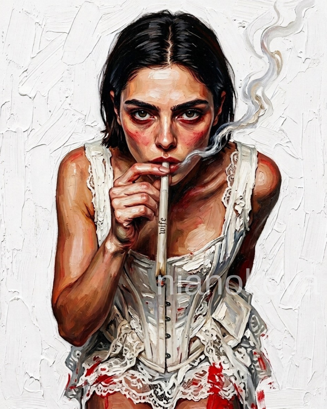 An oil painting-style portrait of the persona NOA from the narratives by Nia Nokova, featuring machine-created art. The high-angle overhead portrait captures NOA leaning forward with an intense, provocative, and defiant gaze directed straight upward. She wears an avant-garde gothic outfit inspired by Dilara Findikoglu’s