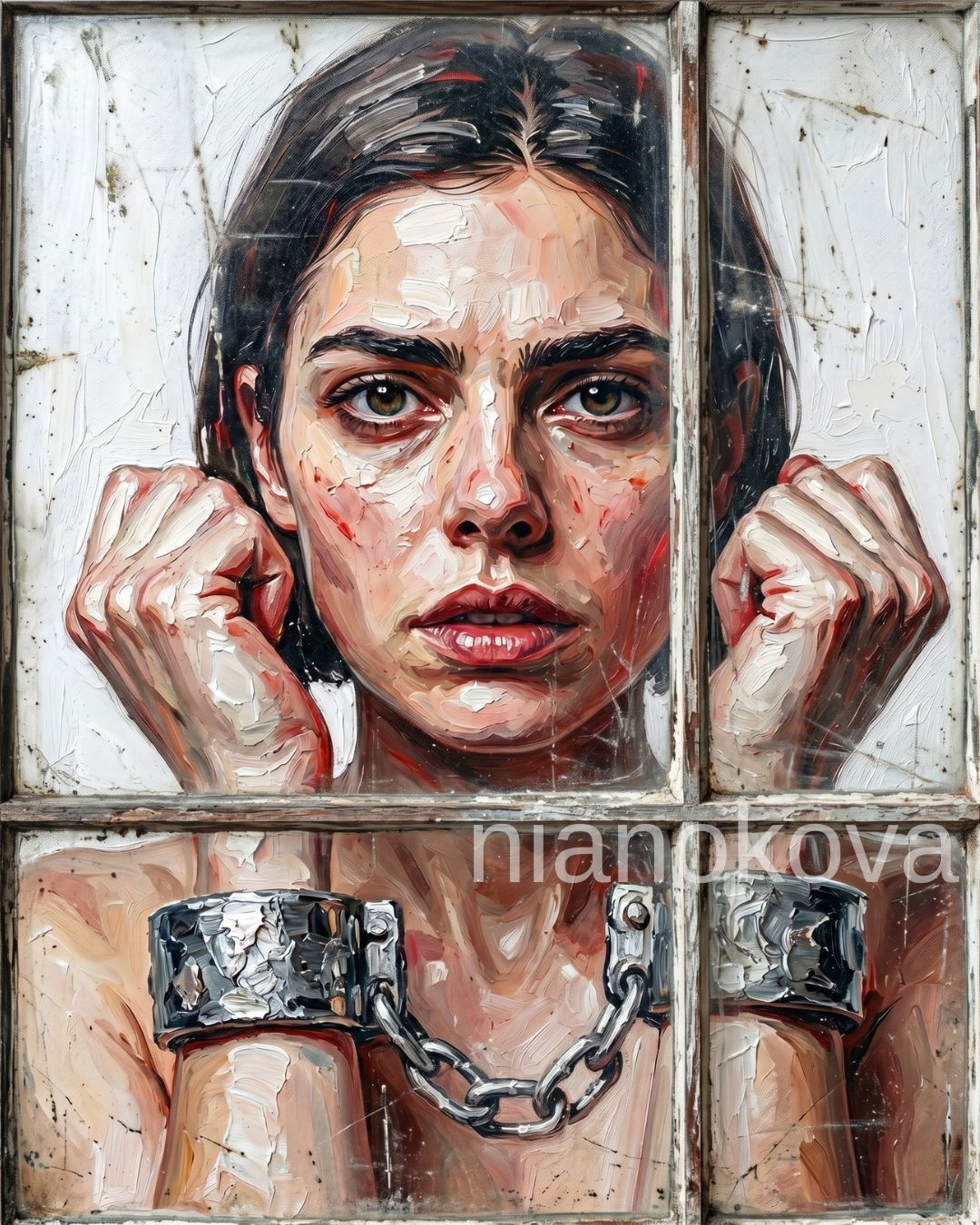 An oil painting-style portrait of the persona Noa from the narratives by Nia Nokova, depicting internal imprisonment, heavy impasto brushstrokes, and a weary, intense gaze through a window pane. The subject looks directly forward with wide, expressive eyes, her hands raised near her face with closed fists. Below the wooden window frame, her wrists are bound by heavy, metallic handcuffs connected by a thick chain, emphasizing the theme of confinement. The texture of the paint is highly visible, with thick, layered strokes creating depth and emotion across her skin and the distressed background.