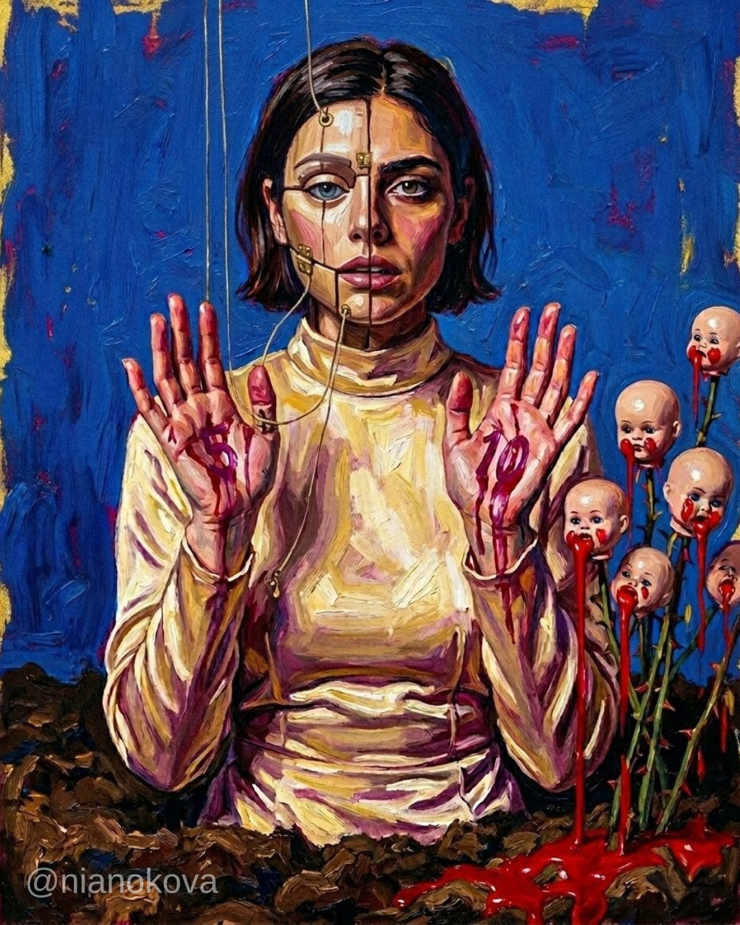 An oil painting-style portrait of the character NOA from the narratives by Nia Nokova, featuring machine-created art. This surreal image shows NOA with a mechanical, split face held together by wires and strings, suggesting she is a puppet or an android. She wears a yellow turtleneck and holds up her hands, which are marked with red paint or blood forming the numbers