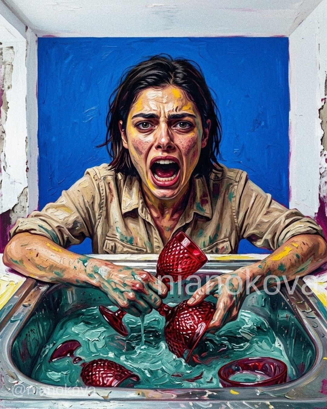 An oil painting-style image of the persona NOA from the narratives by Nia Nokova, featuring machine-created art. This visceral scene shows a woman with short dark hair and an expression of extreme distress or a scream, leaning over a sink filled with teal water. Her face, arms, and tan button-down shirt are covered in messy splatters of paint. She is aggressively washing or clutching several ornate, ruby-red glass chalices. The artwork is defined by heavy, textured impasto brushstrokes and a vibrant blue background set within a white, crumbling architectural frame.
