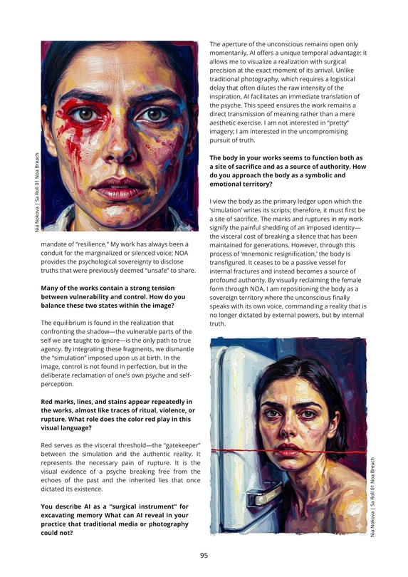 The editorial page presents two vertical columns of sharp, sophisticated text interspersed with two striking expressionist oil portraits of the digital surrogate avatar, NOA. The top-left portrait shows a close-up, visceral depiction of a woman’s face with intense, wide eyes, her skin marked by dramatic red streaks resembling paint, blood, or structural ruptures against a deep blue and violet background. The bottom-right painting portrays the same avatar looking directly forward with a haunted, unblinking gaze, bisected horizontally across the lower face by a stark, sharp red horizon line. The accompanying text panels map out Nia Nokova's philosophical dialogue on utilizing AI as a surgical instrument for excavating memory, the visceral threshold of the color red as a site of psychological rupture, and the female body functioning as a sovereign territory of absolute authority. The page number 