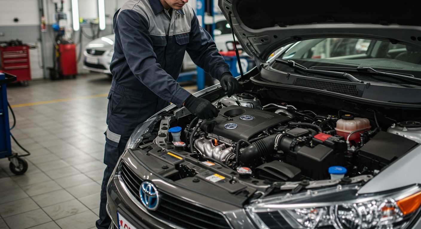 A mechanic in a professional workshop inspecting a Toyota engine, wearing gloves and a uniform.