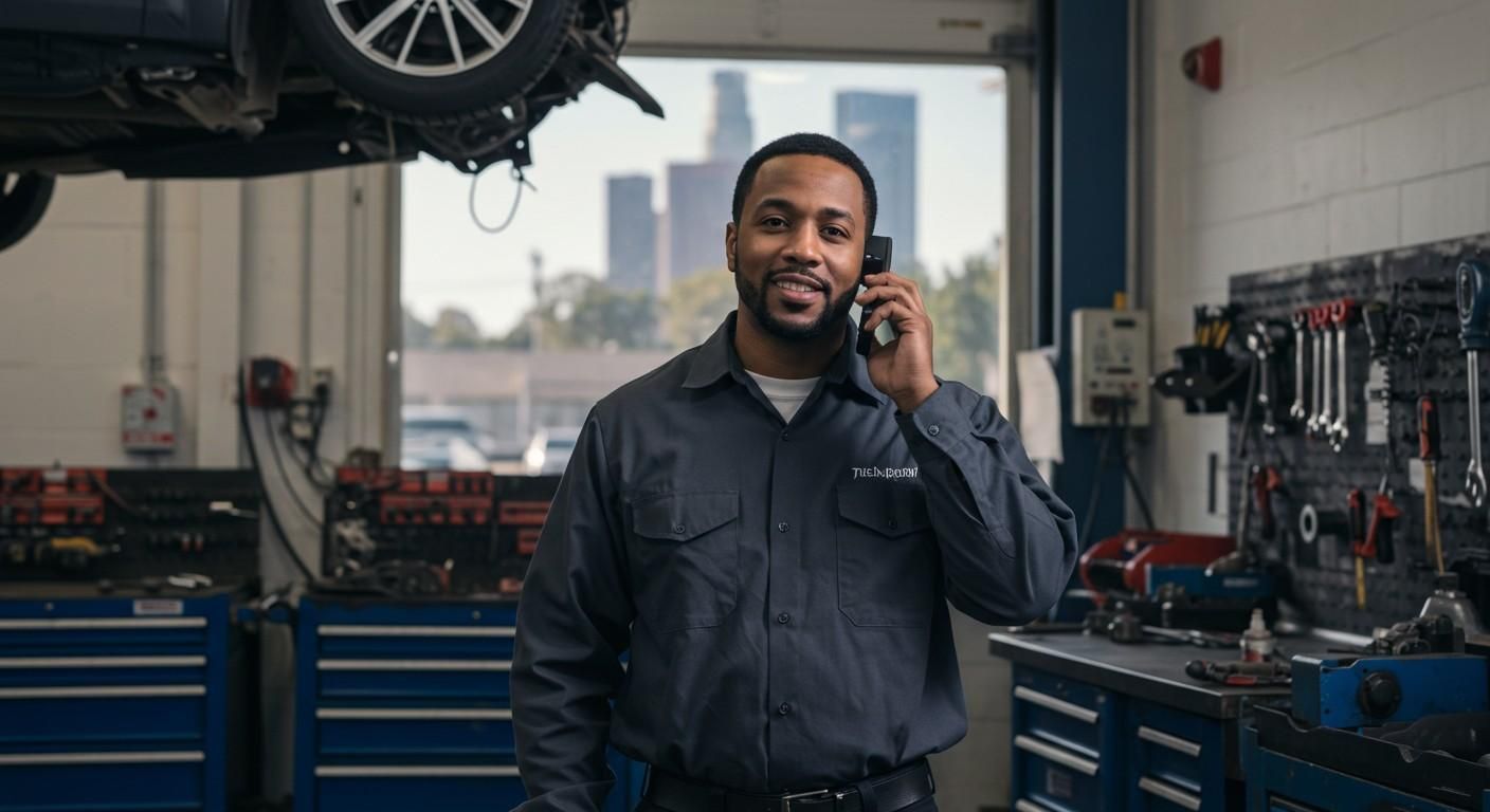 Mechanic on the phone inside a clean, professional auto repair shop. JC’s Auto Repair Shop Los Angel