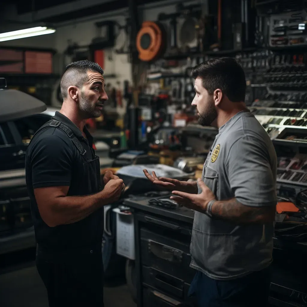 Customer and mechanic discussing what needs to be fixed in the car.