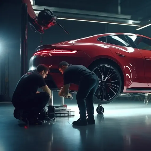 2 professional mechanic fixing an uplifted red sports car.