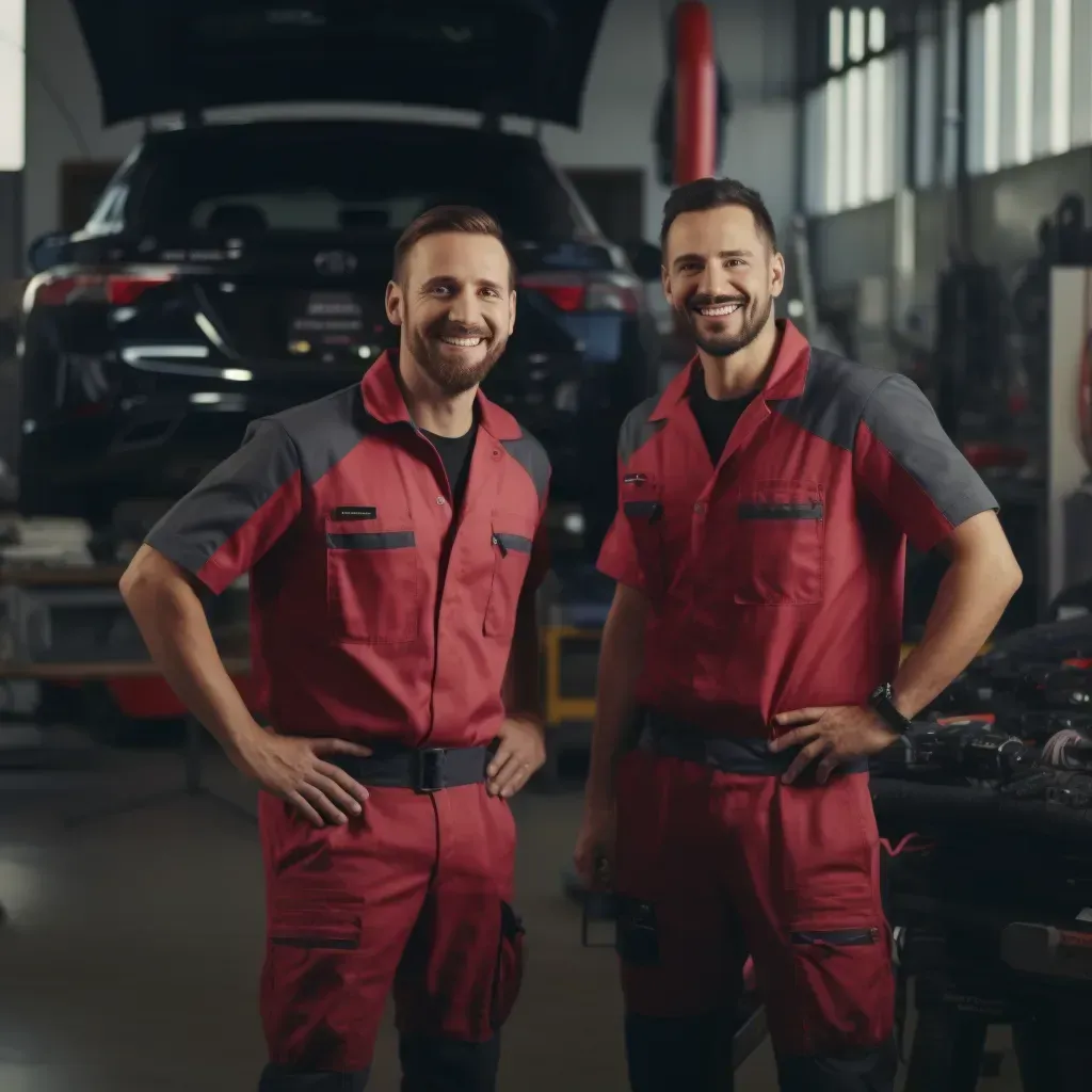 2 mechanics smiling infront of the camera