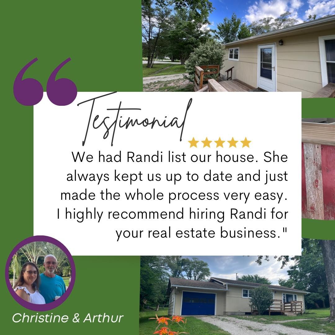 Testimonial for Randi, a realtor, with a photo of a house and clients, Christine and Arthur.