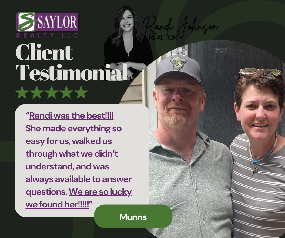 Client testimonial with a photo of a smiling couple and a realtor. Text highlights positive experience with Randi Johnson.