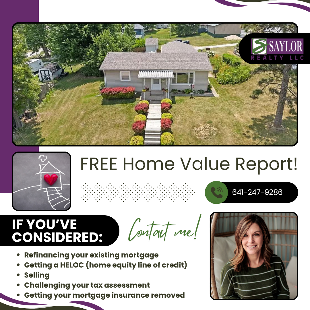 Real estate ad: “Free Home Value Report”. refinancing, HELOC, selling options. Randi Johnson Winterset Real Estate Agent