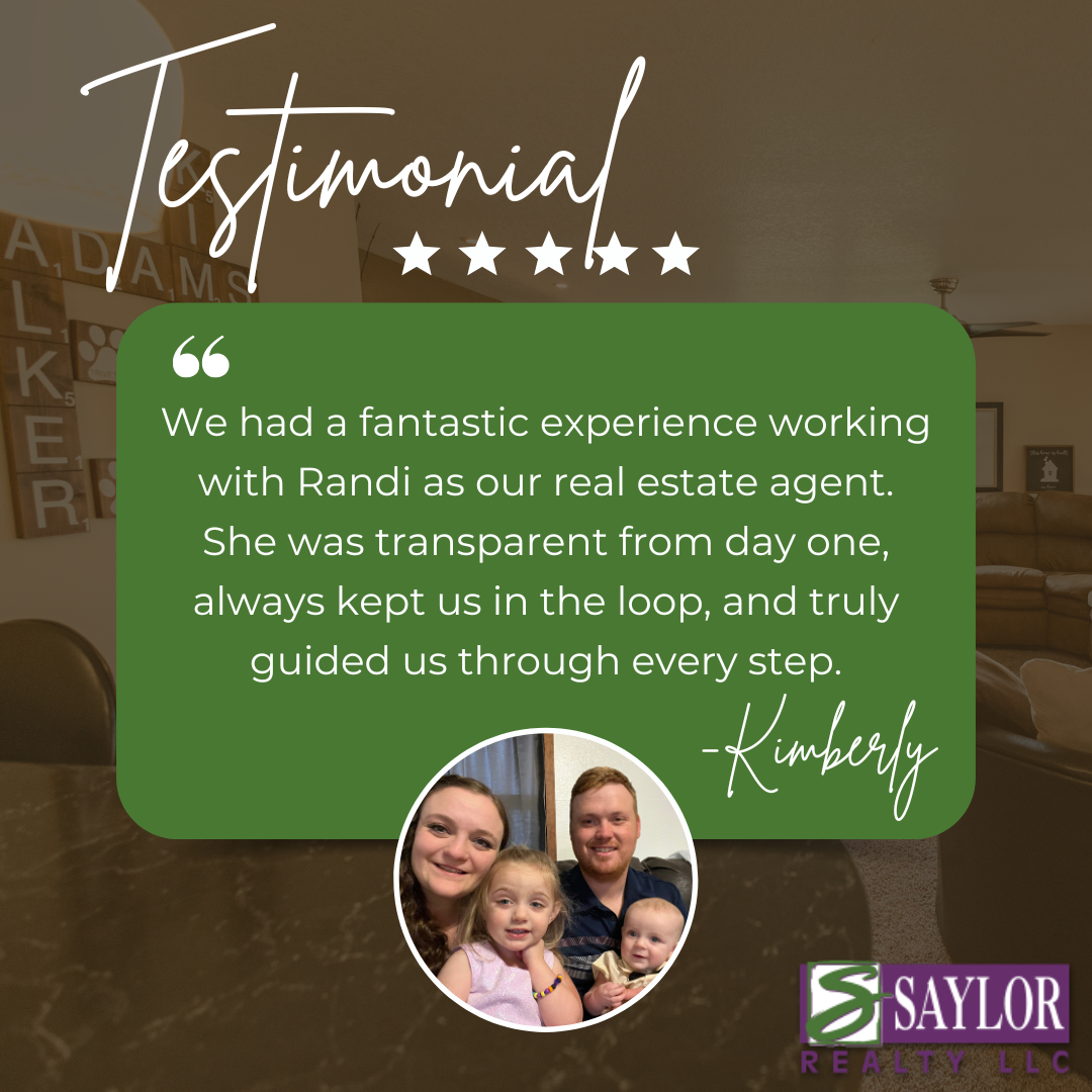Real estate testimonial with a quote from Kimberly and a family photo.