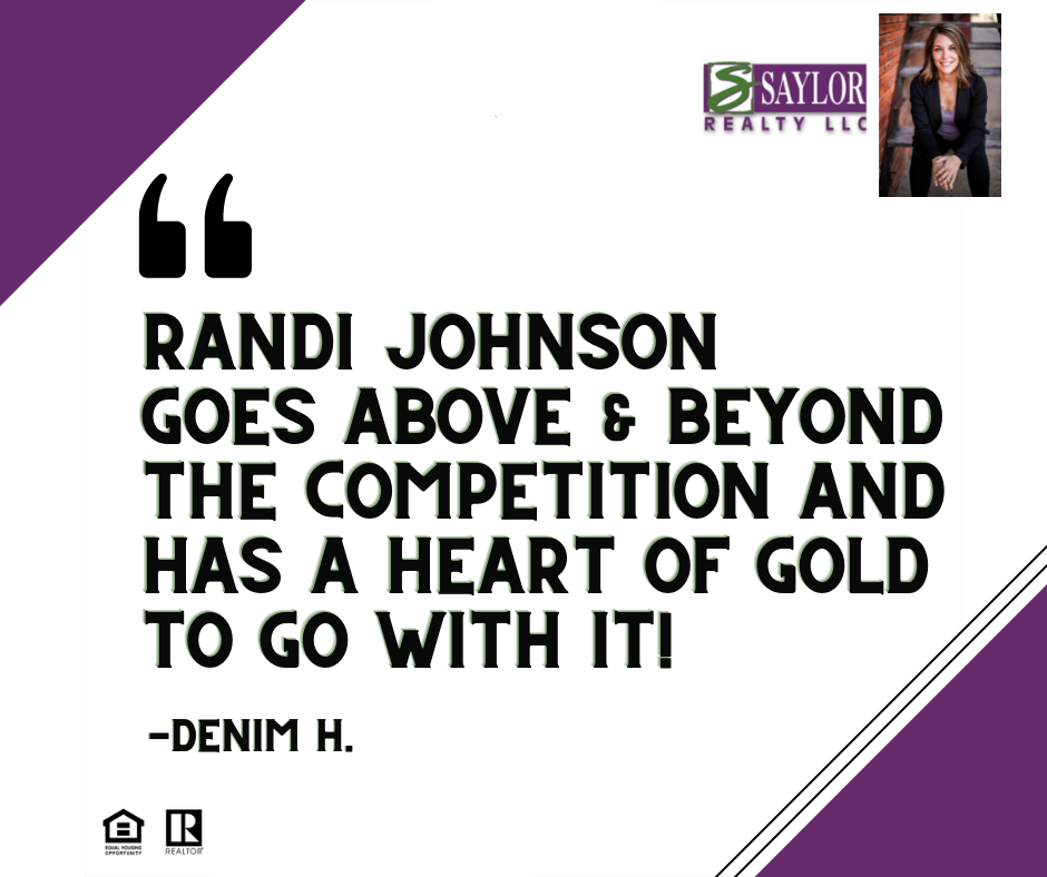 Testimonial about Randi Johnson from Denim H. Purple background with Saylor Realty logo.