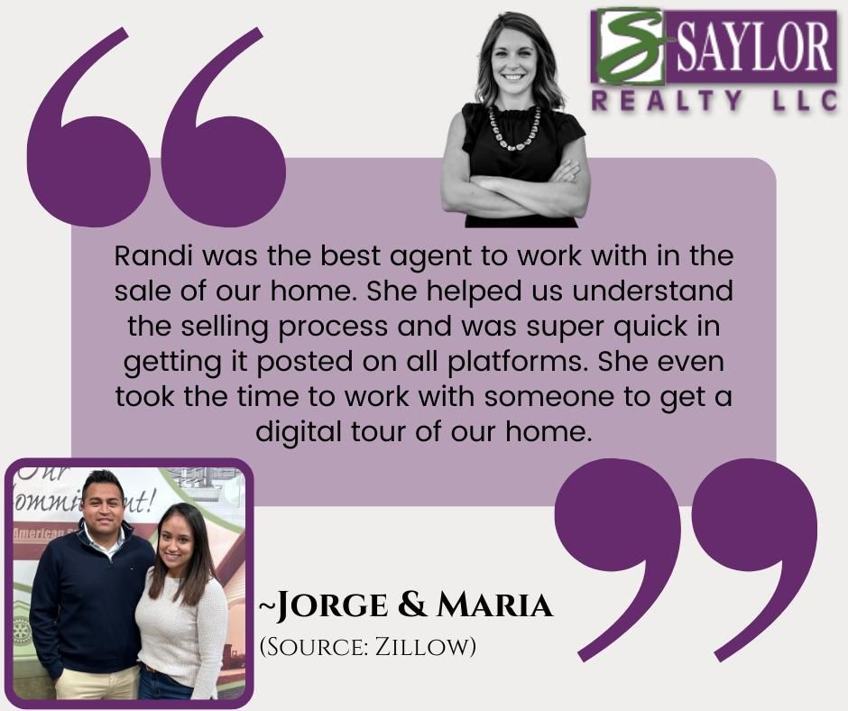 Randi Johnson Real estate agent testimonial with photo of agent and clients, featuring a purple design.