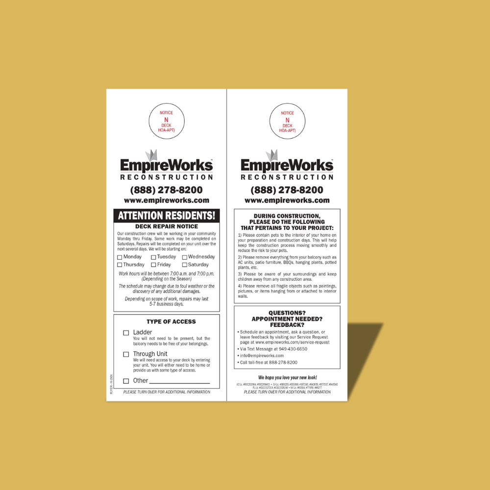 A flyer for empire works on a yellow background
